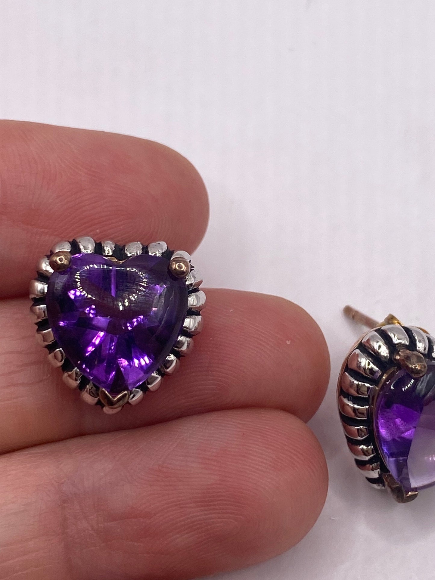 Vintage Purple Amethyst Heart Earrings 925 Sterling Silver Studs