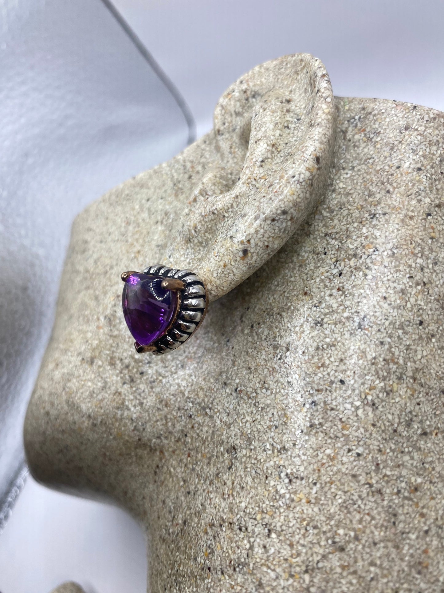 Vintage Purple Amethyst Heart Earrings 925 Sterling Silver Studs