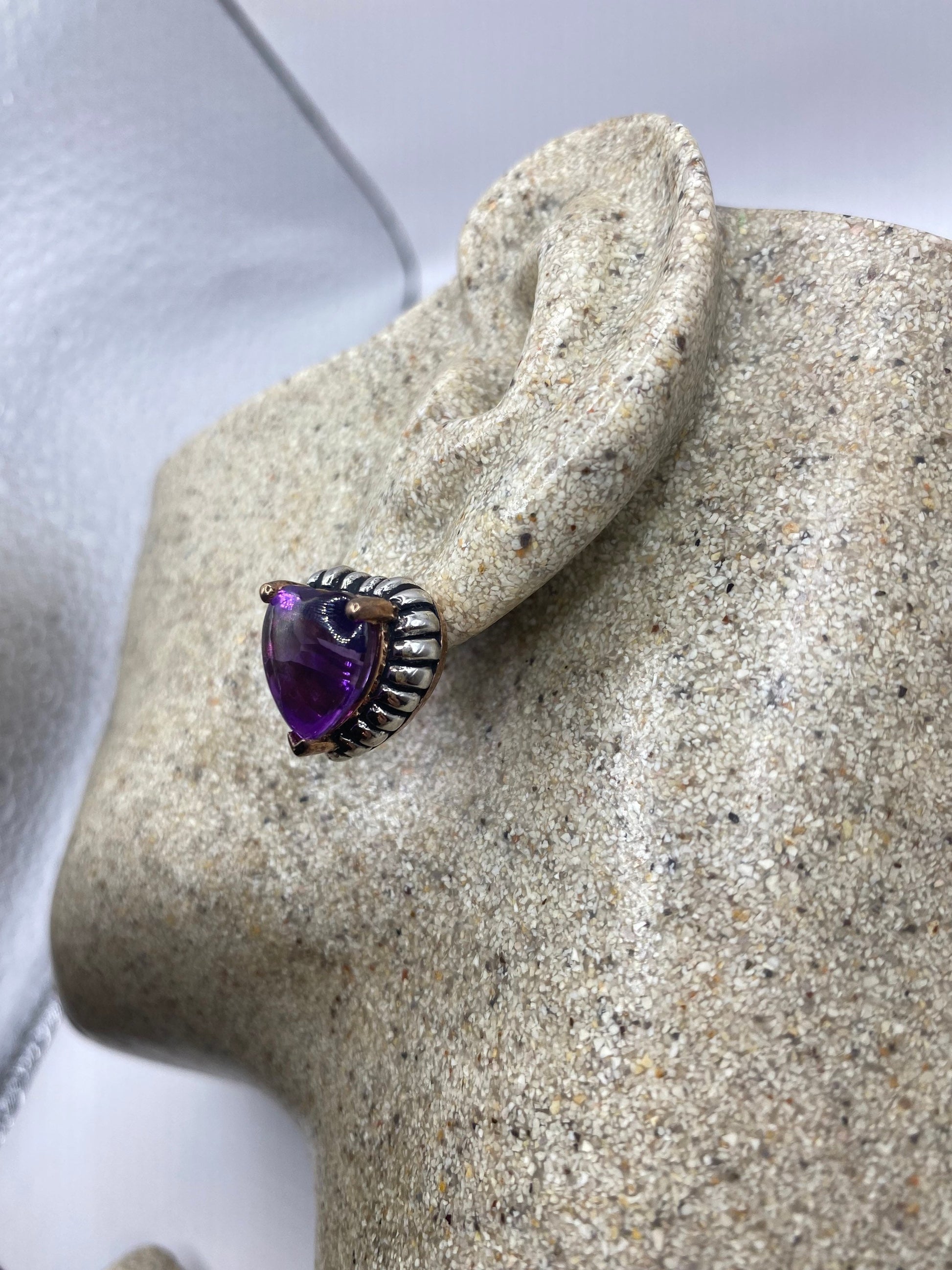 Vintage Purple Amethyst Heart Earrings 925 Sterling Silver Studs