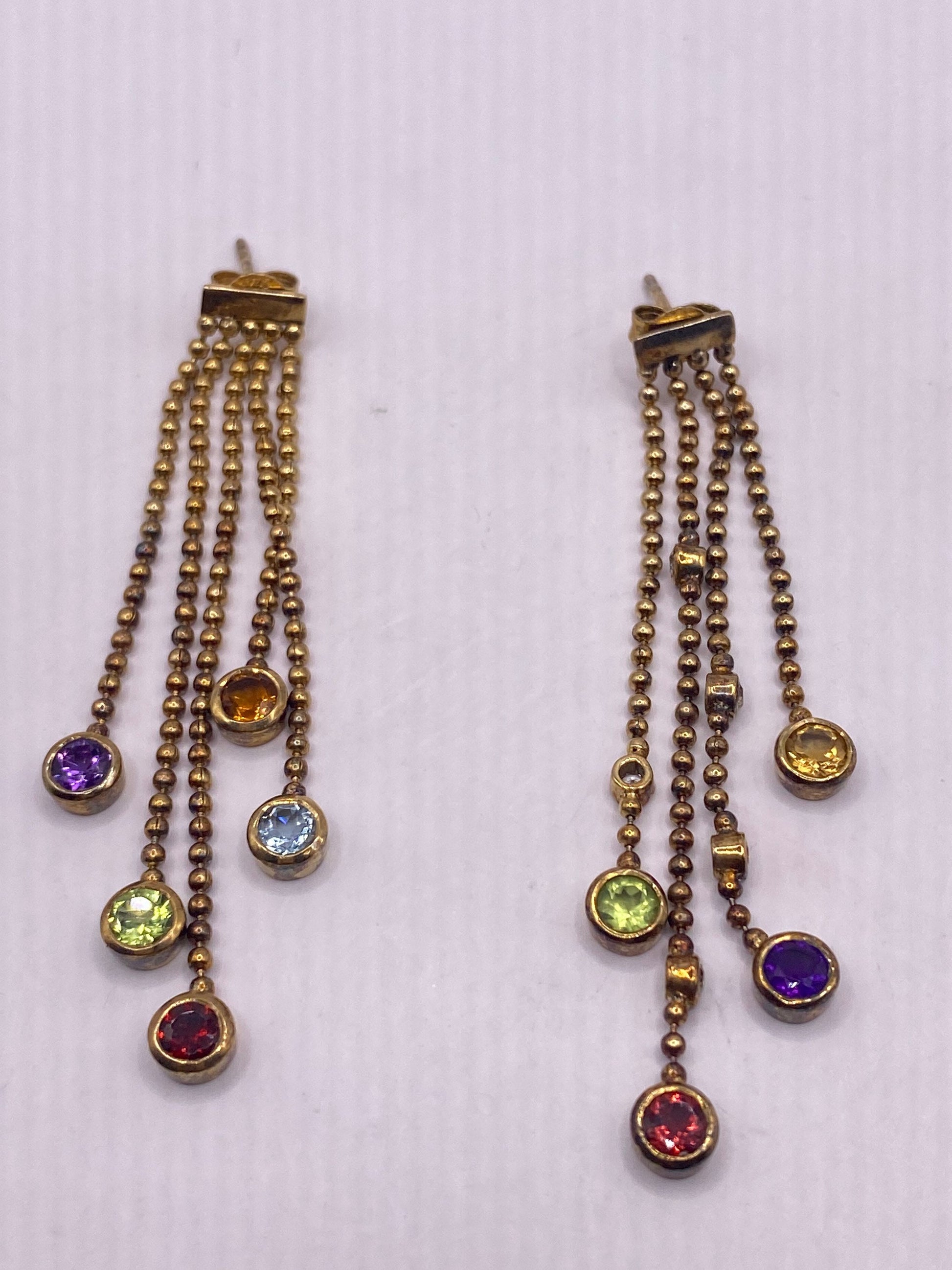 Vintage Mixed Genuine Gemstone 925 Sterling Silver Dangle Chandelier Earrings