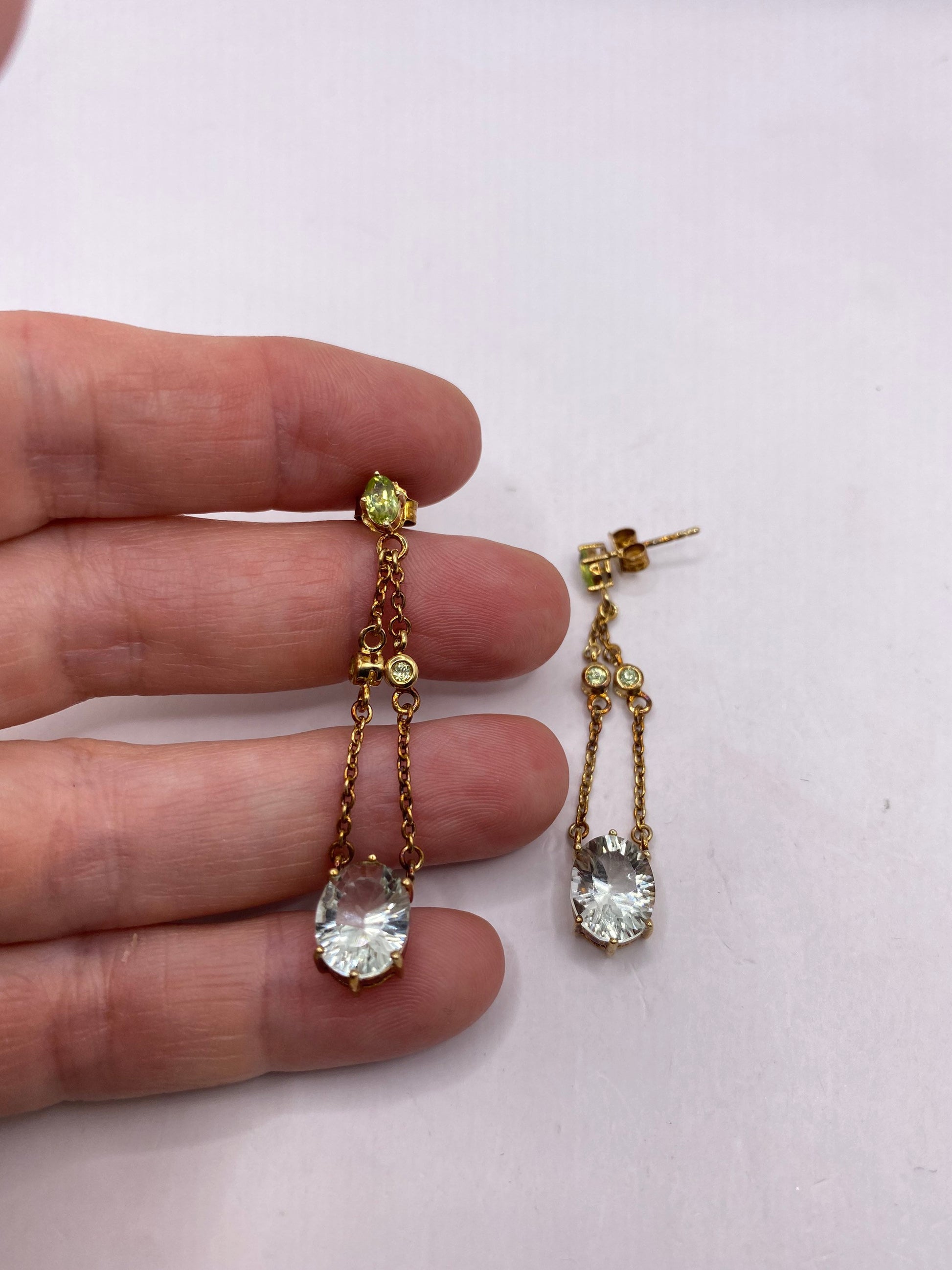 Vintage golden Sterling Silver Genuine Green amethyst Peridot drop Earrings