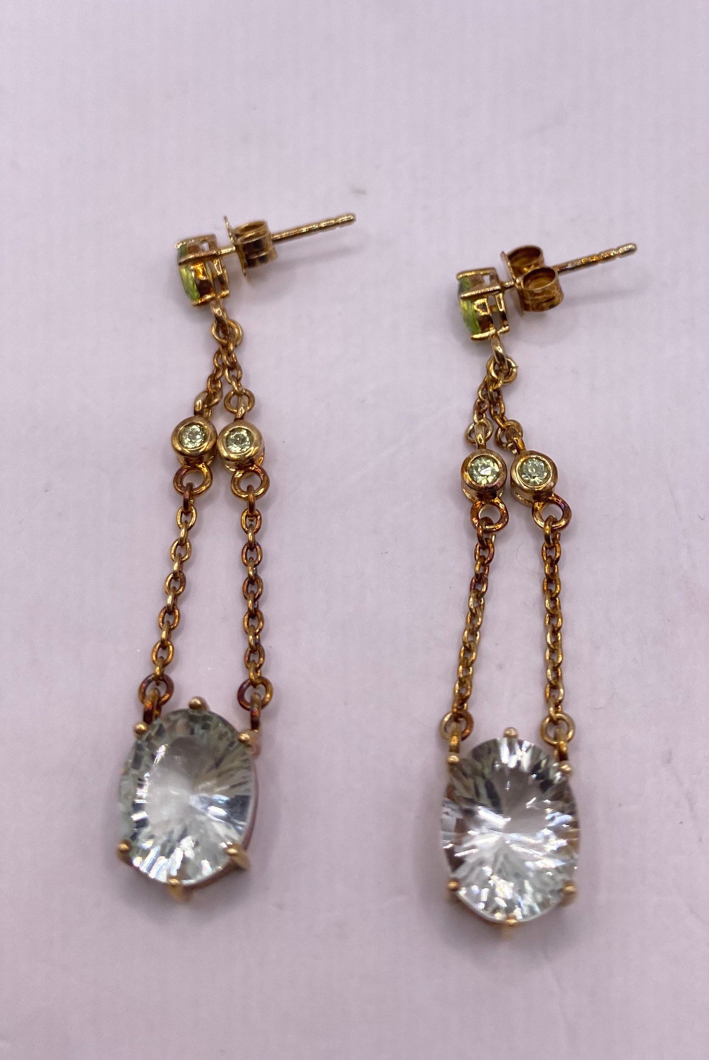 Vintage golden Sterling Silver Genuine Green amethyst Peridot drop Earrings