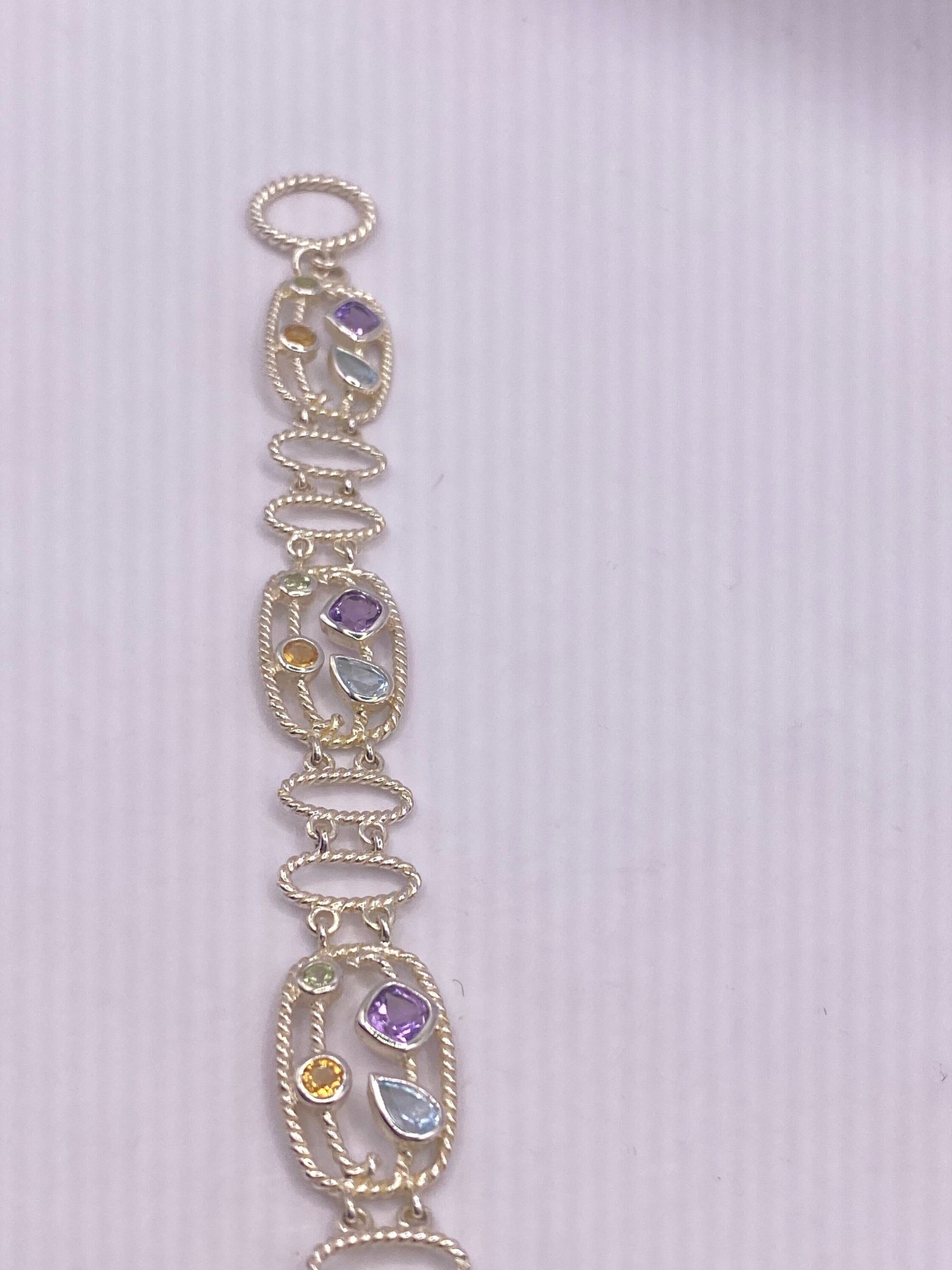 Vintage Genuine Mixed Gemstone 925 Sterling Silver Toggle Bracelet