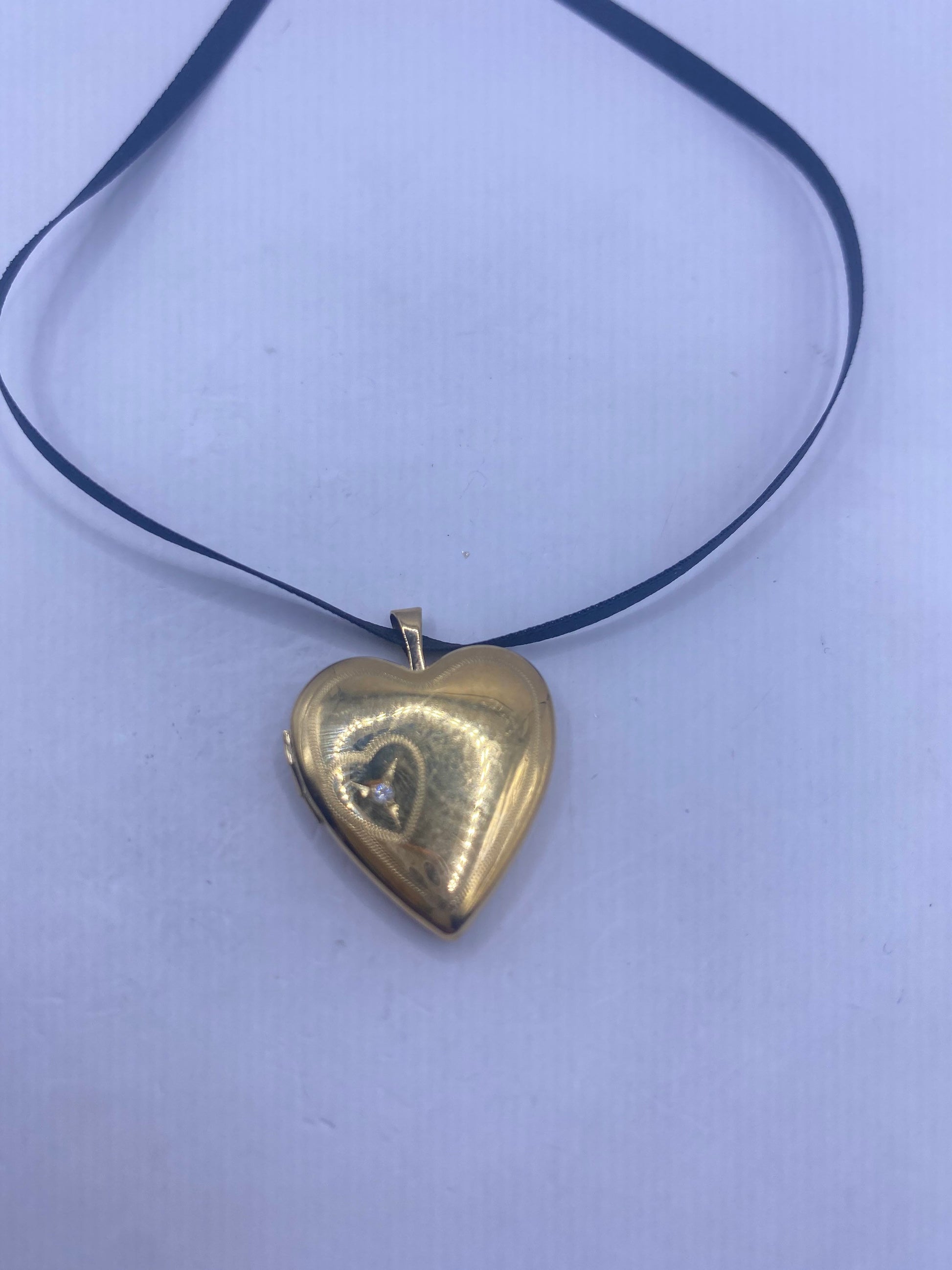 Vintage Gold Locket | Tiny Heart 9k Gold Filled Pendant Photo Memory Charm Engraved Dainty Diamond Star | Choker Necklace