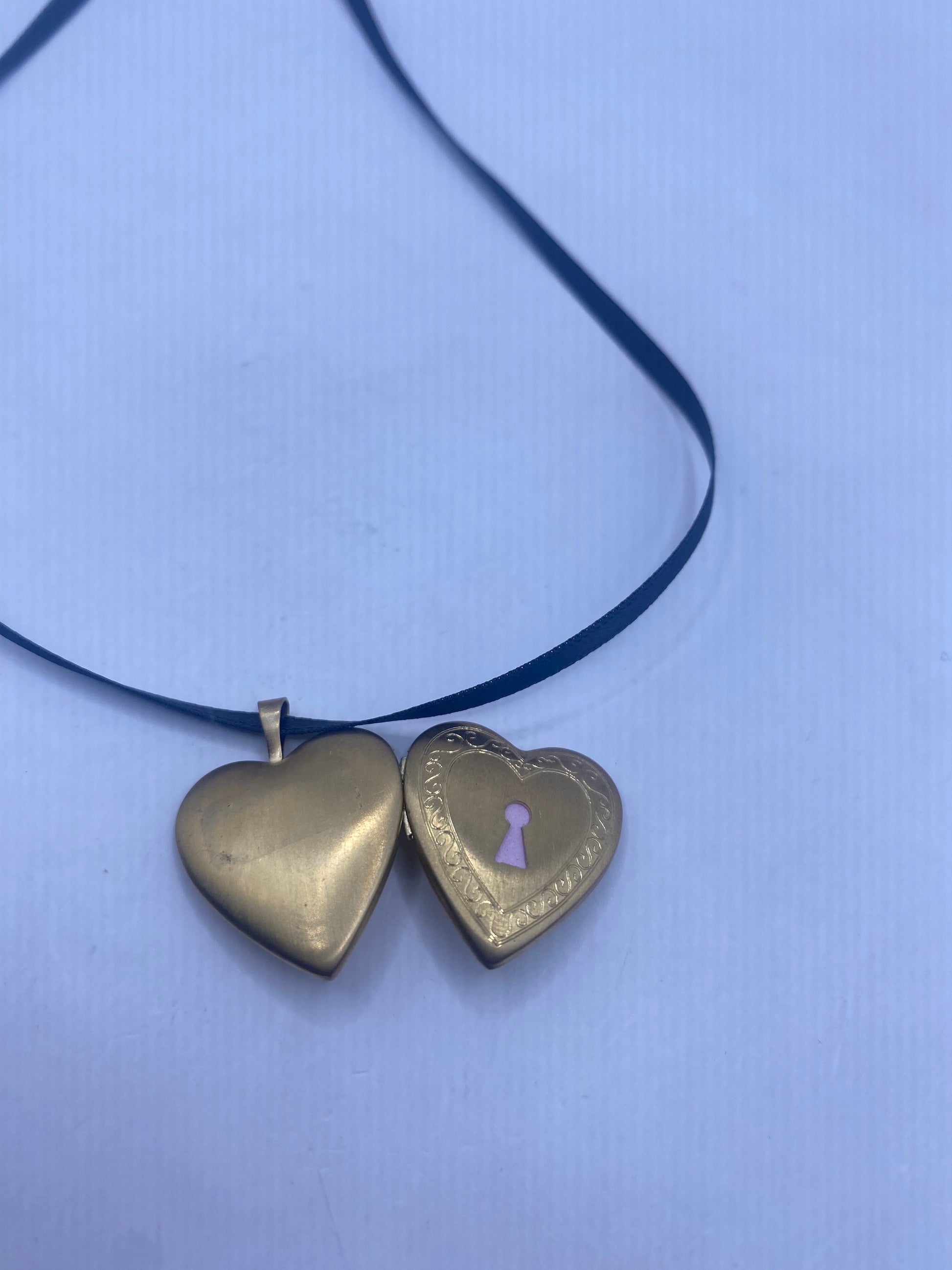 Vintage Gold Locket | Tiny Heart 9k Gold Filled Pendant Photo Memory Charm Engraved Keyhole Key To My Heart | Choker Necklace