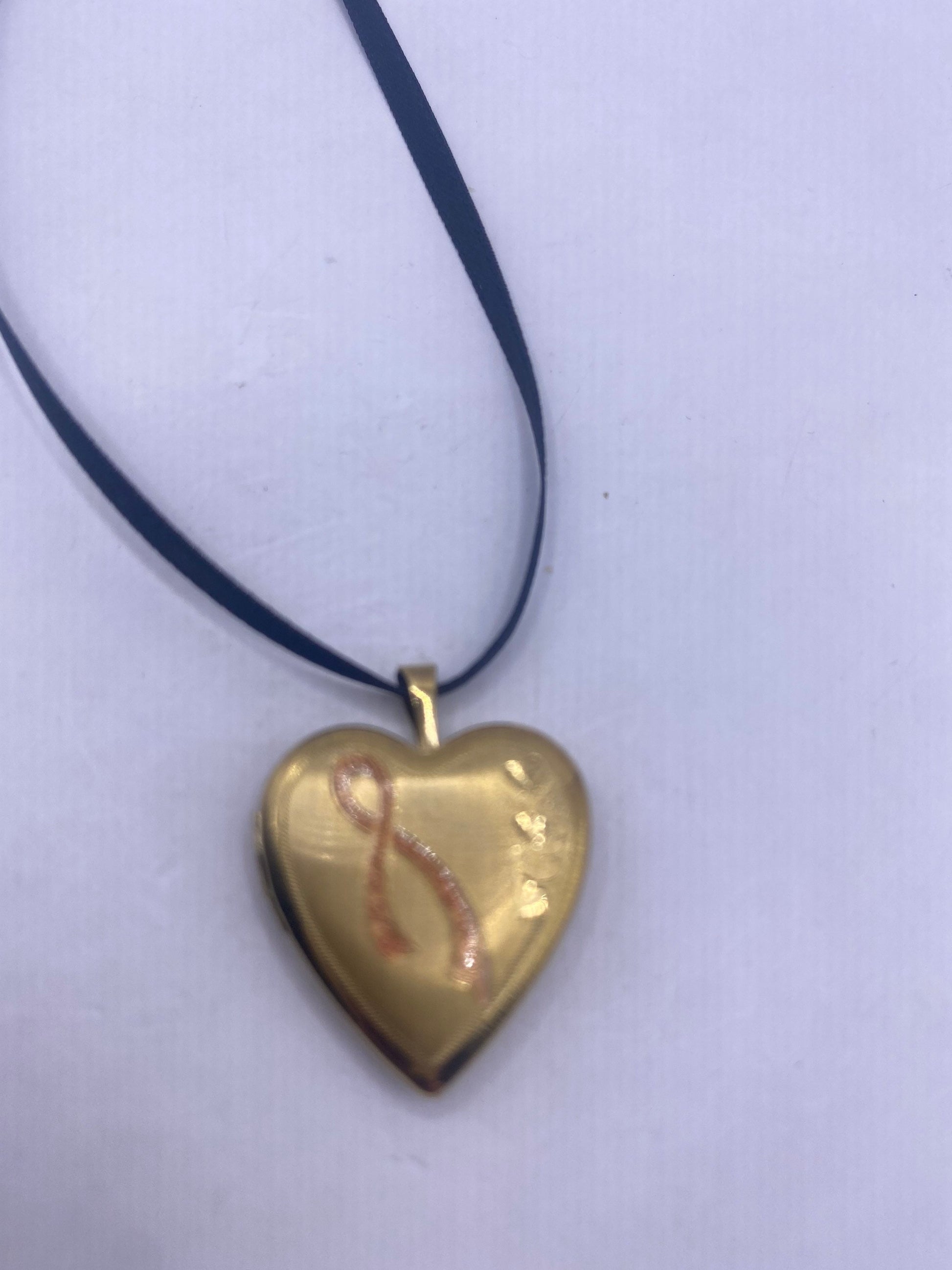 Vintage Gold Locket | Tiny Heart 9k Gold Filled Pendant Photo Memory Charm Engraved Pink Ribbon Hearts | Choker Necklace