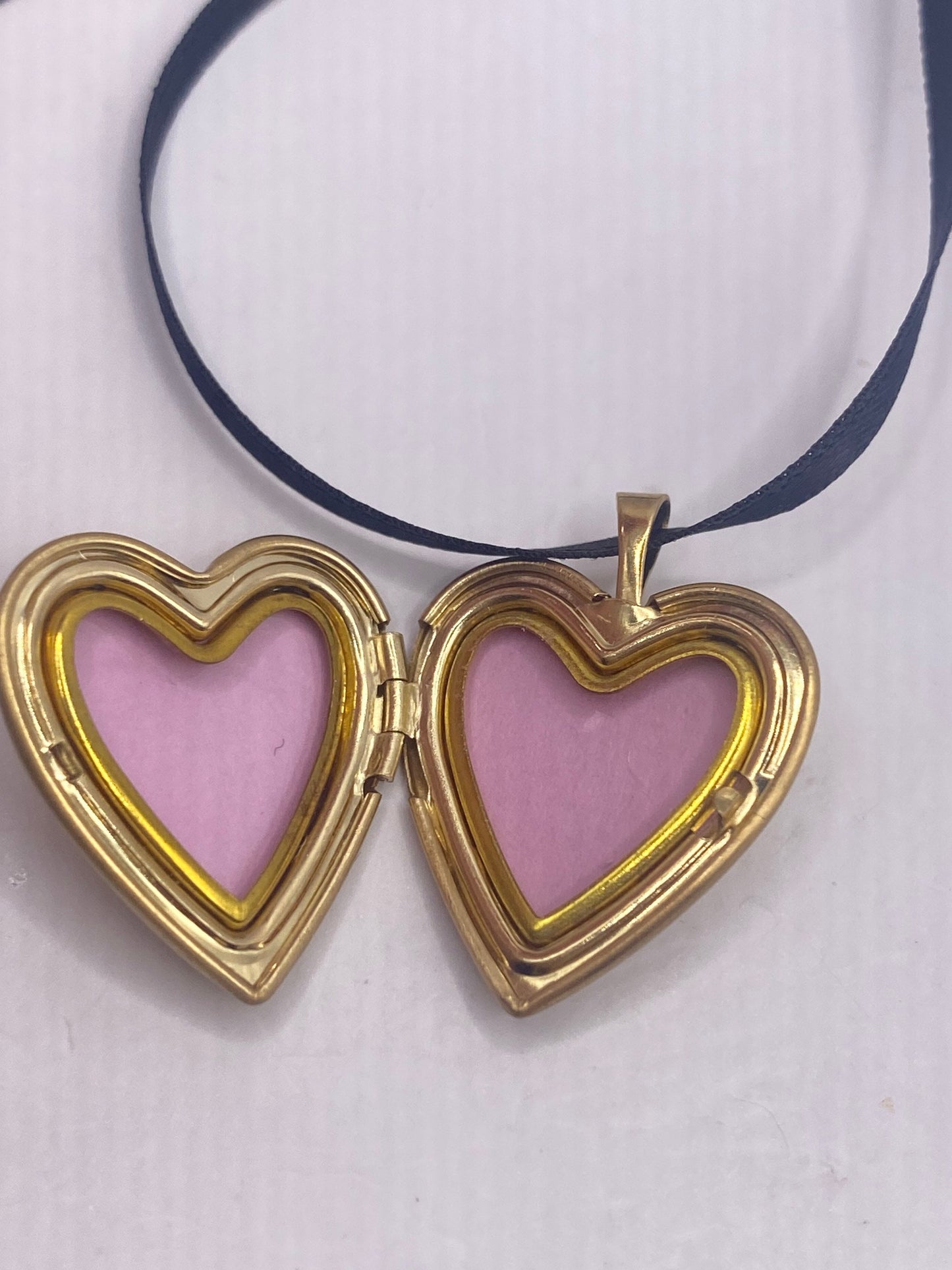 Vintage Gold Locket | Tiny Heart 9k Gold Filled Pendant Photo Memory Charm Engraved Pink Ribbon Hearts | Choker Necklace