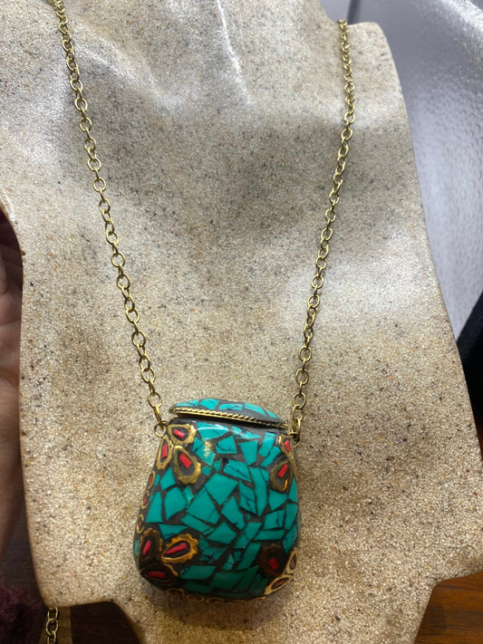 Bronze Mojo Bag Handmade Vintage Mosaic Gemstone Pendant Necklace