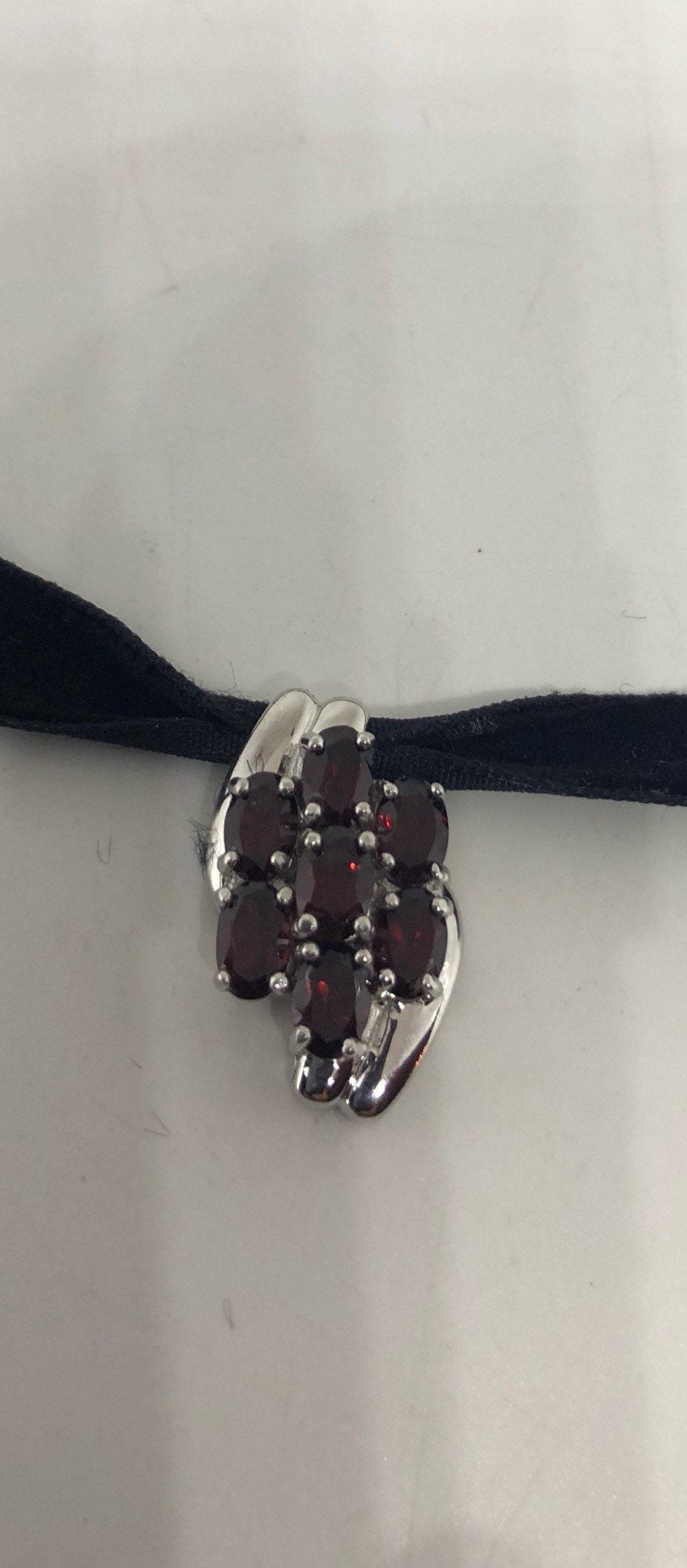 Vintage 925 Sterling Silver Red Garnet Choker Pendant Necklace