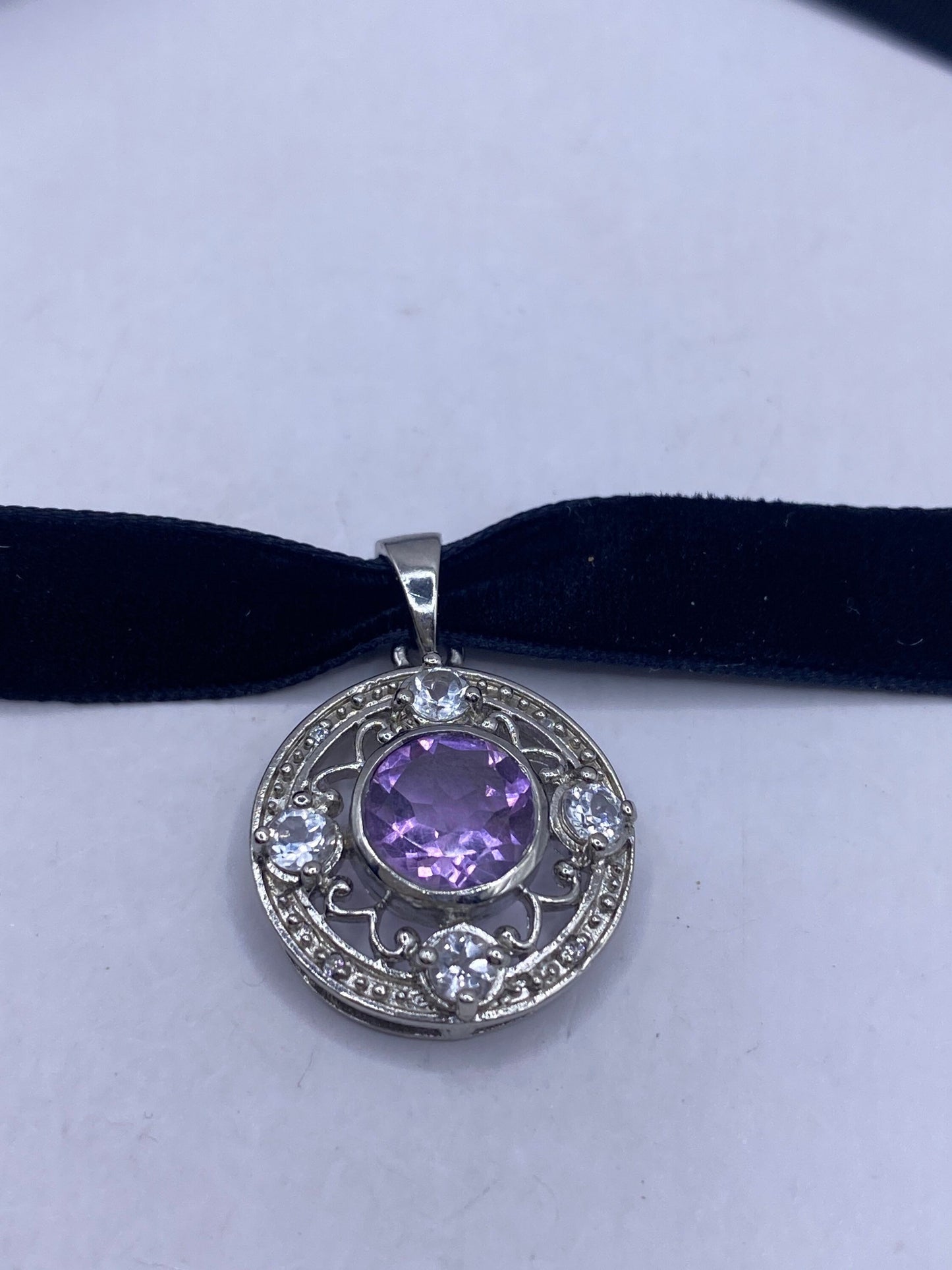 Vintage Purple Amethyst Choker 925 Sterling Silver Pendant Necklace