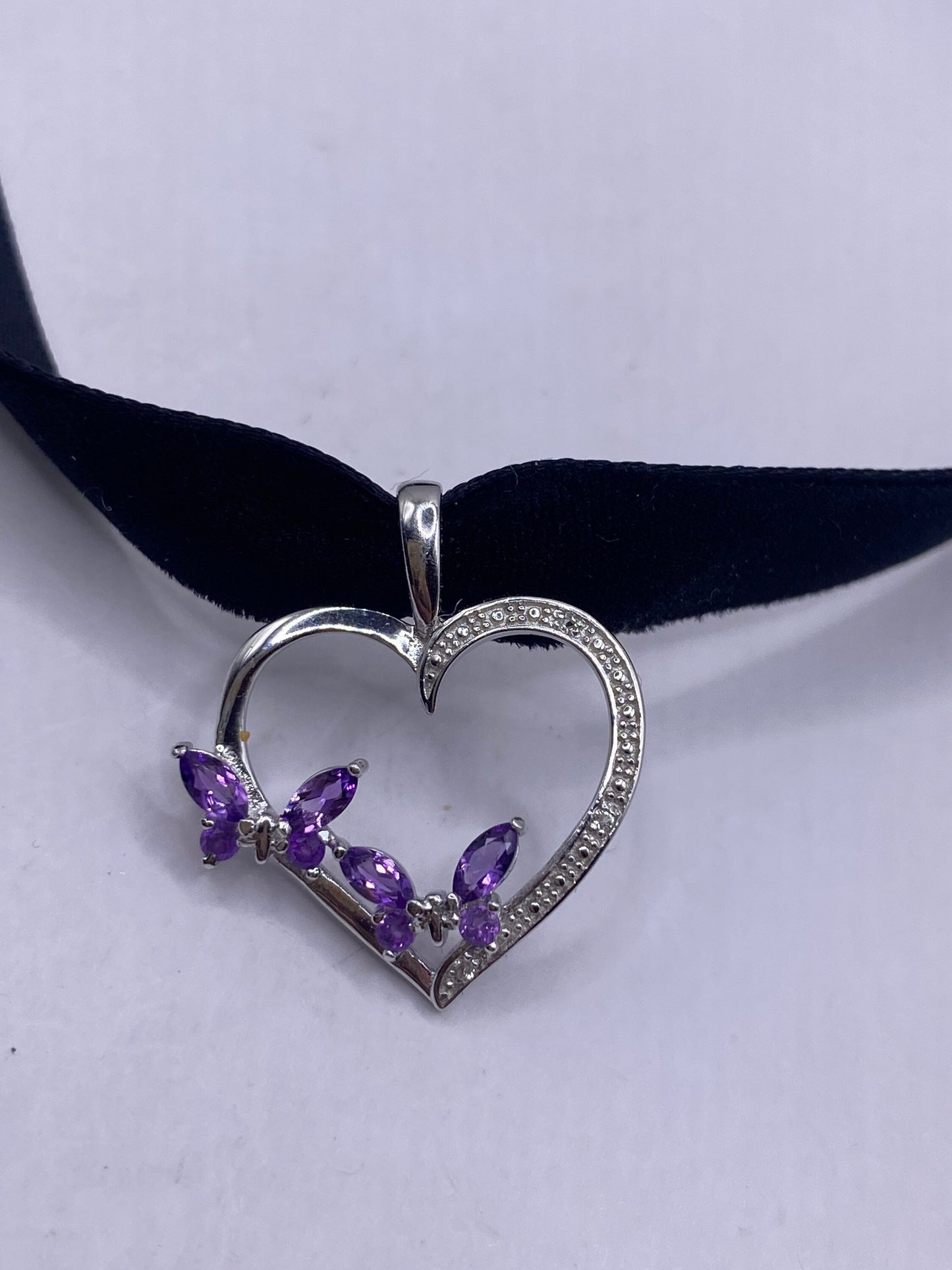 Vintage Purple Amethyst Heart Choker 925 Sterling Silver Pendant Necklace