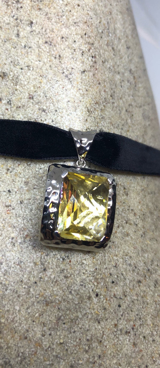 Vintage Golden Citrine Pendant 925 Sterling Silver Choker Necklace