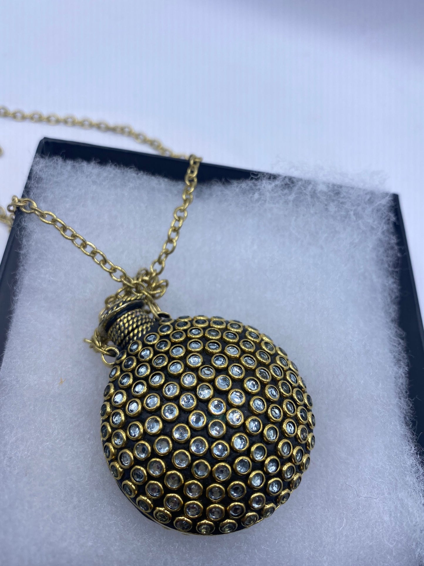 Vintage Perfume Oil Bottle Mosaic Inlay Rhinestone Pendant Necklace