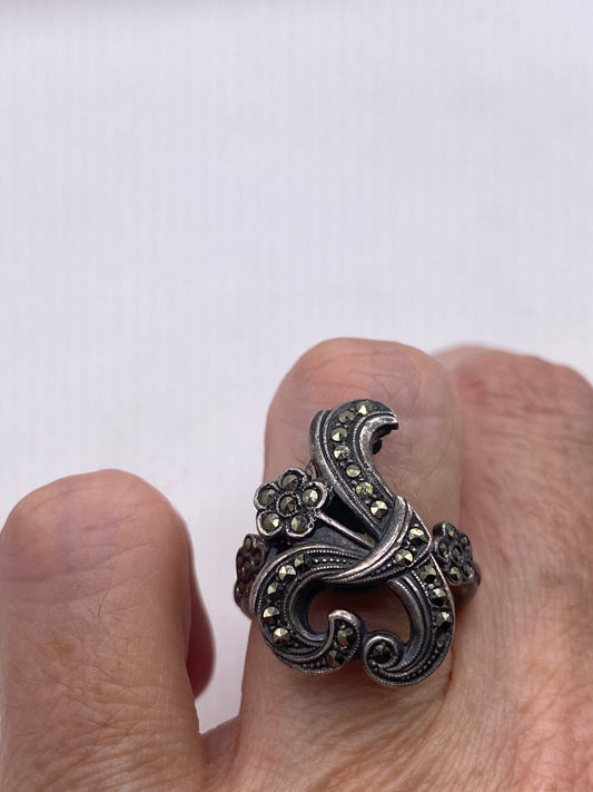 Vintage Swiss Marcasite Setting 925 Sterling Silver Cocktail Ring