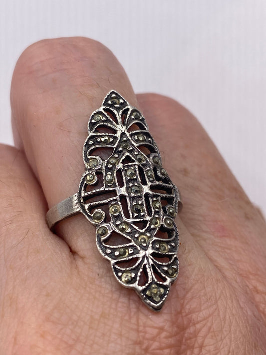 Vintage Swiss Marcasite Setting 925 Sterling Silver Cocktail Ring