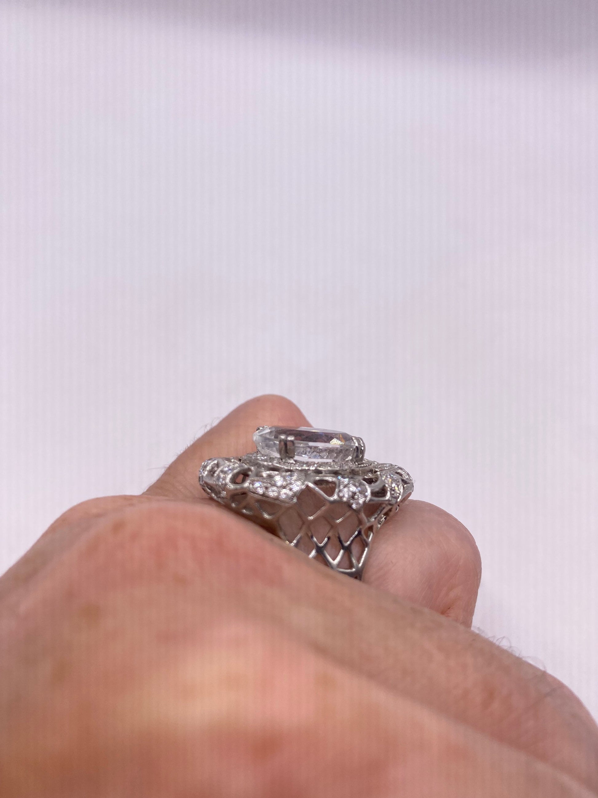 Vintage Clear White Sapphire and White Topaz Golden 925 Sterling Silver Cocktail Ring
