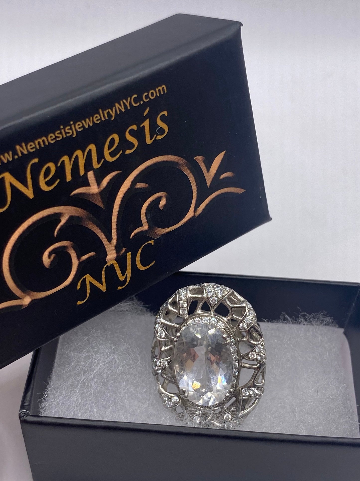 Vintage Clear White Sapphire and White Topaz Golden 925 Sterling Silver Cocktail Ring