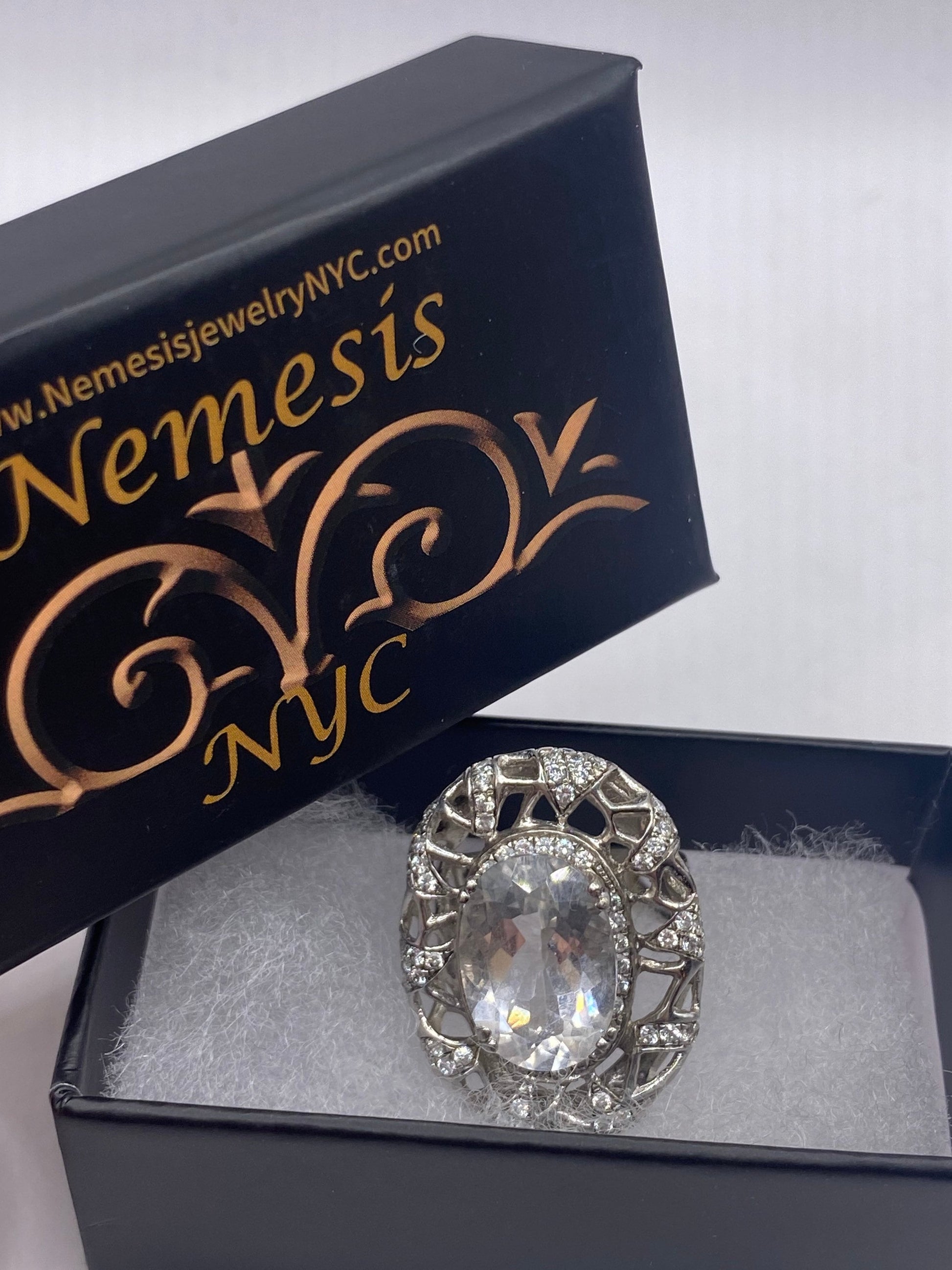 Vintage Clear White Sapphire and White Topaz Golden 925 Sterling Silver Cocktail Ring