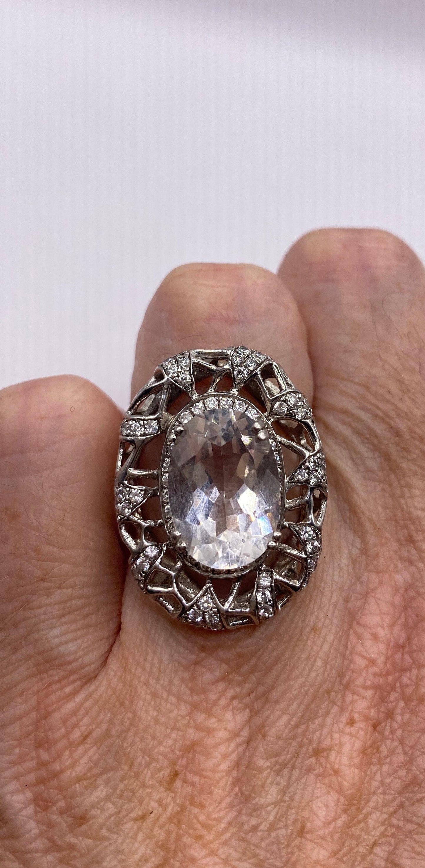 Vintage Clear White Sapphire and White Topaz Golden 925 Sterling Silver Cocktail Ring