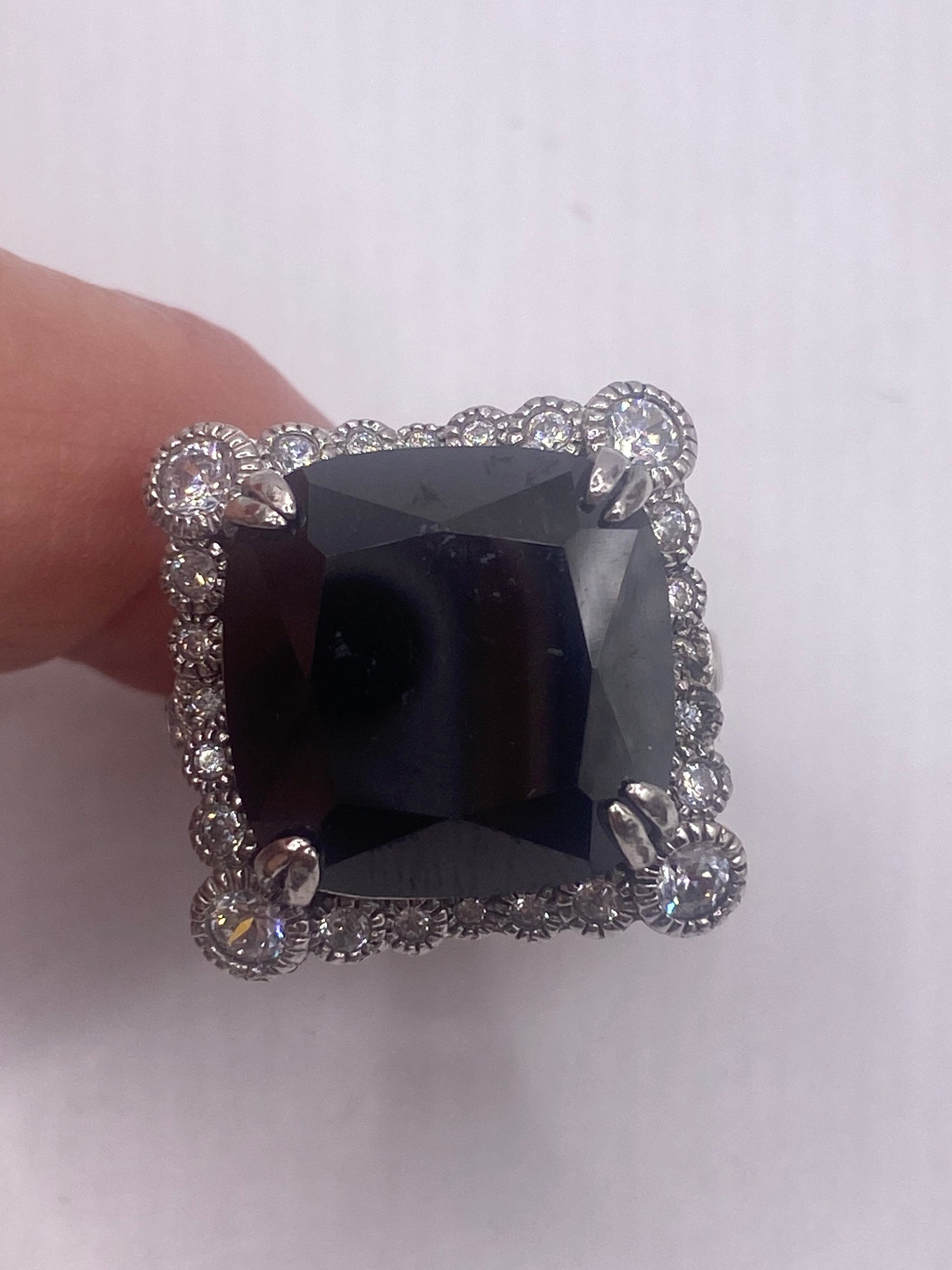 Vintage Black Jet Cubic Zirconia Crystal Sterling Silver Cocktail Ring Size 9.25