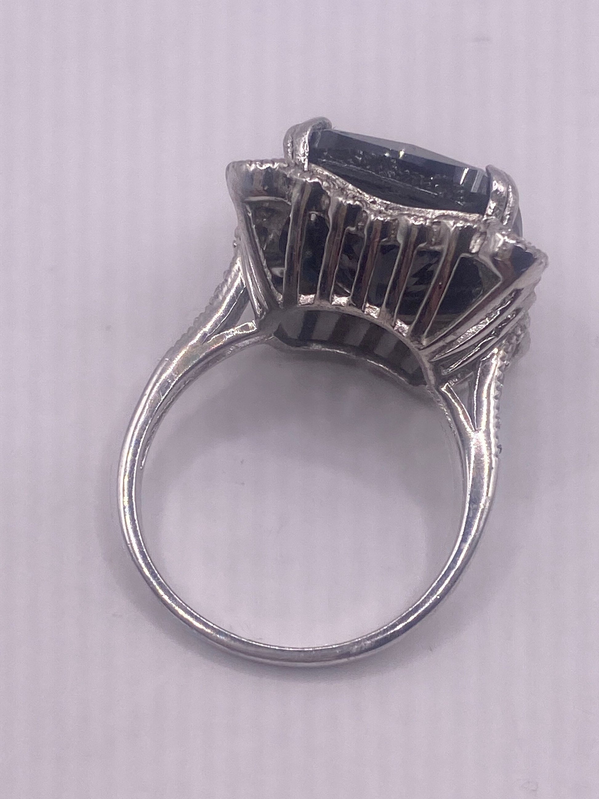 Vintage Black Jet Cubic Zirconia Crystal Sterling Silver Cocktail Ring Size 9.25