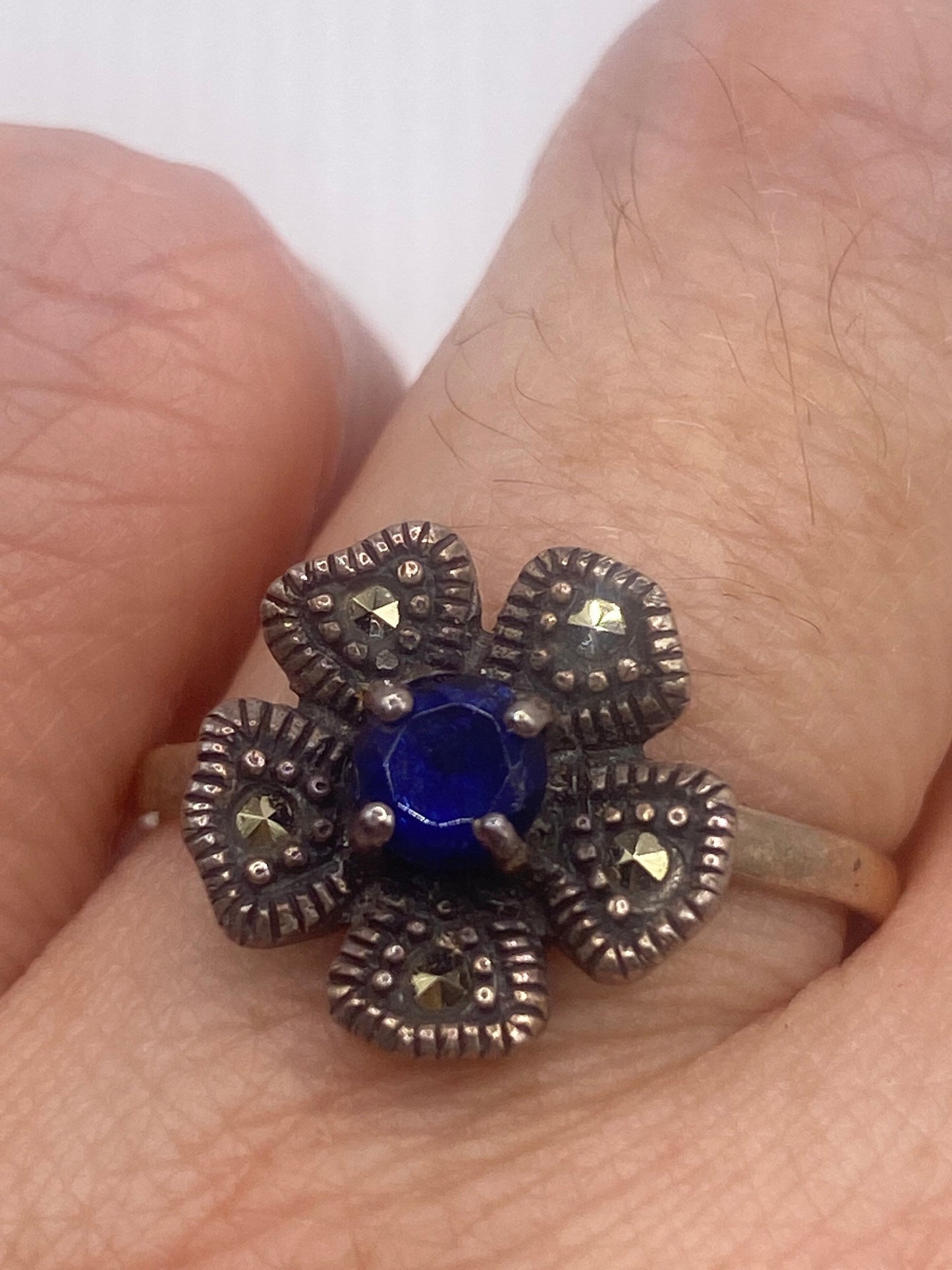 Vintage Blue Iolite Marcasite 925 Sterling Silver Ring Size 7