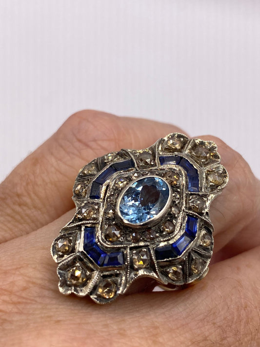Vintage Blue Topaz Sapphire with Rose Cut Diamond in 925 Sterling Silver and 18k Gold Cocktail Ring