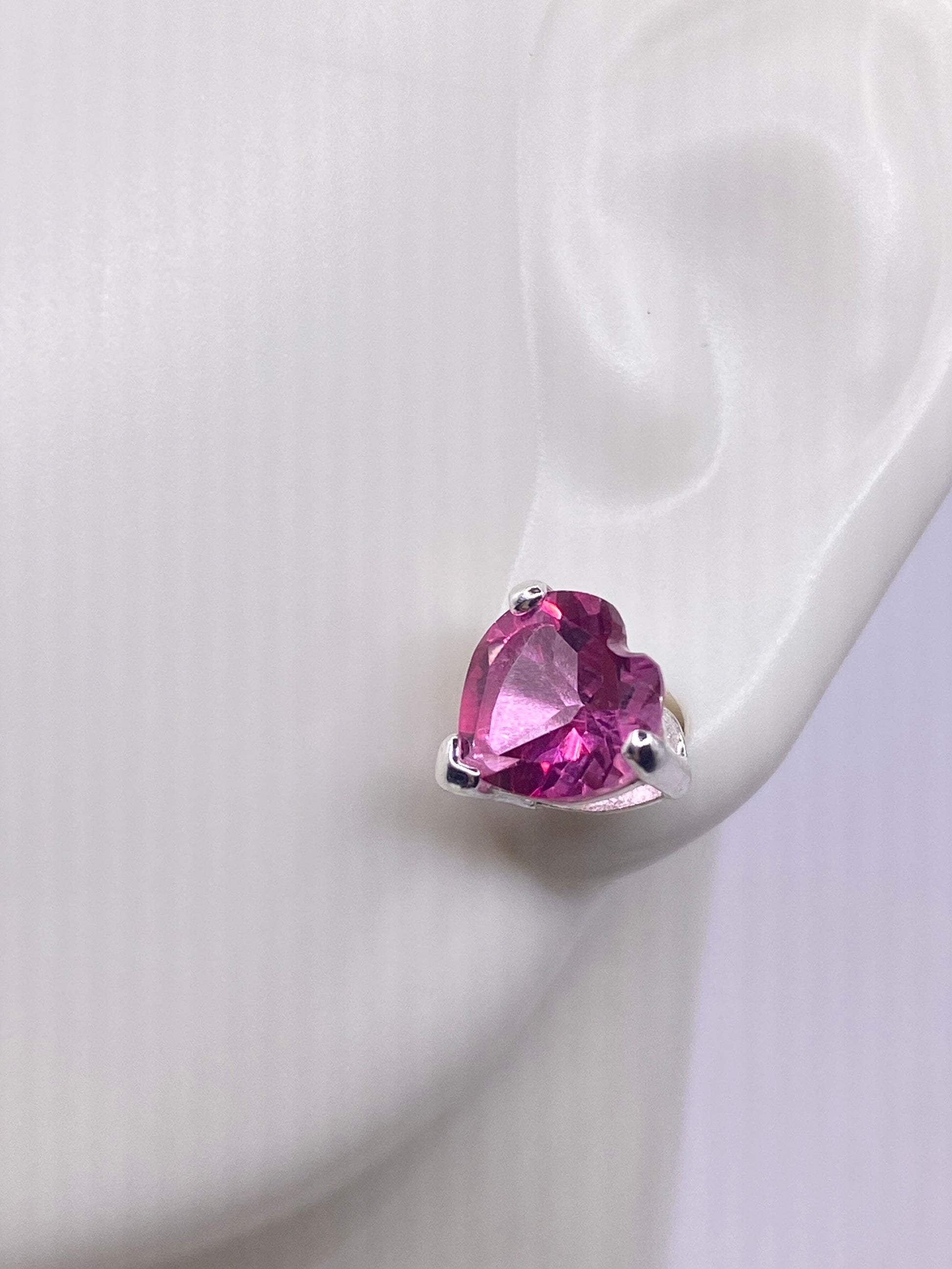 Vintage Heart Earrings Pink Sapphire 925 Sterling Silver Deco Button