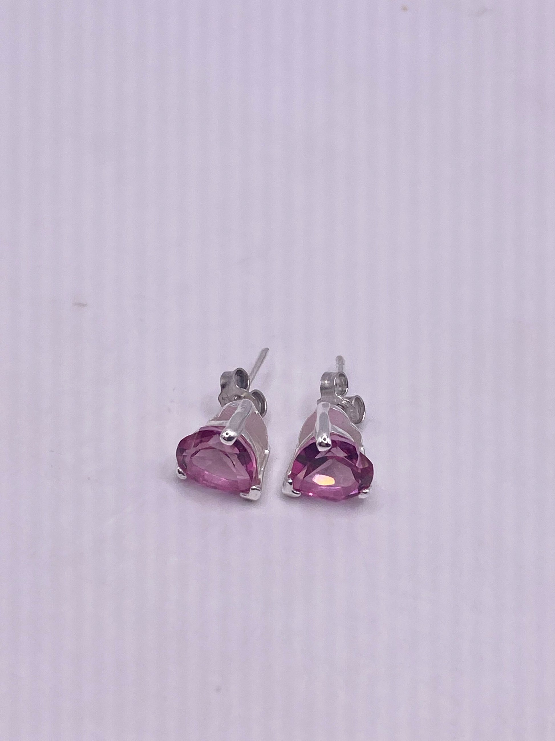 Vintage Heart Earrings Pink Sapphire 925 Sterling Silver Deco Button