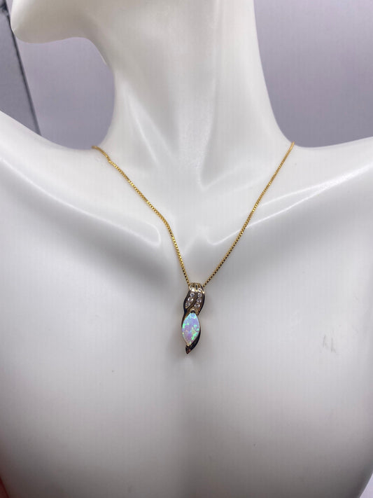 Vintage Fire Opal Choker Golden 925 Sterling Silver Pendant 16 inch Necklace
