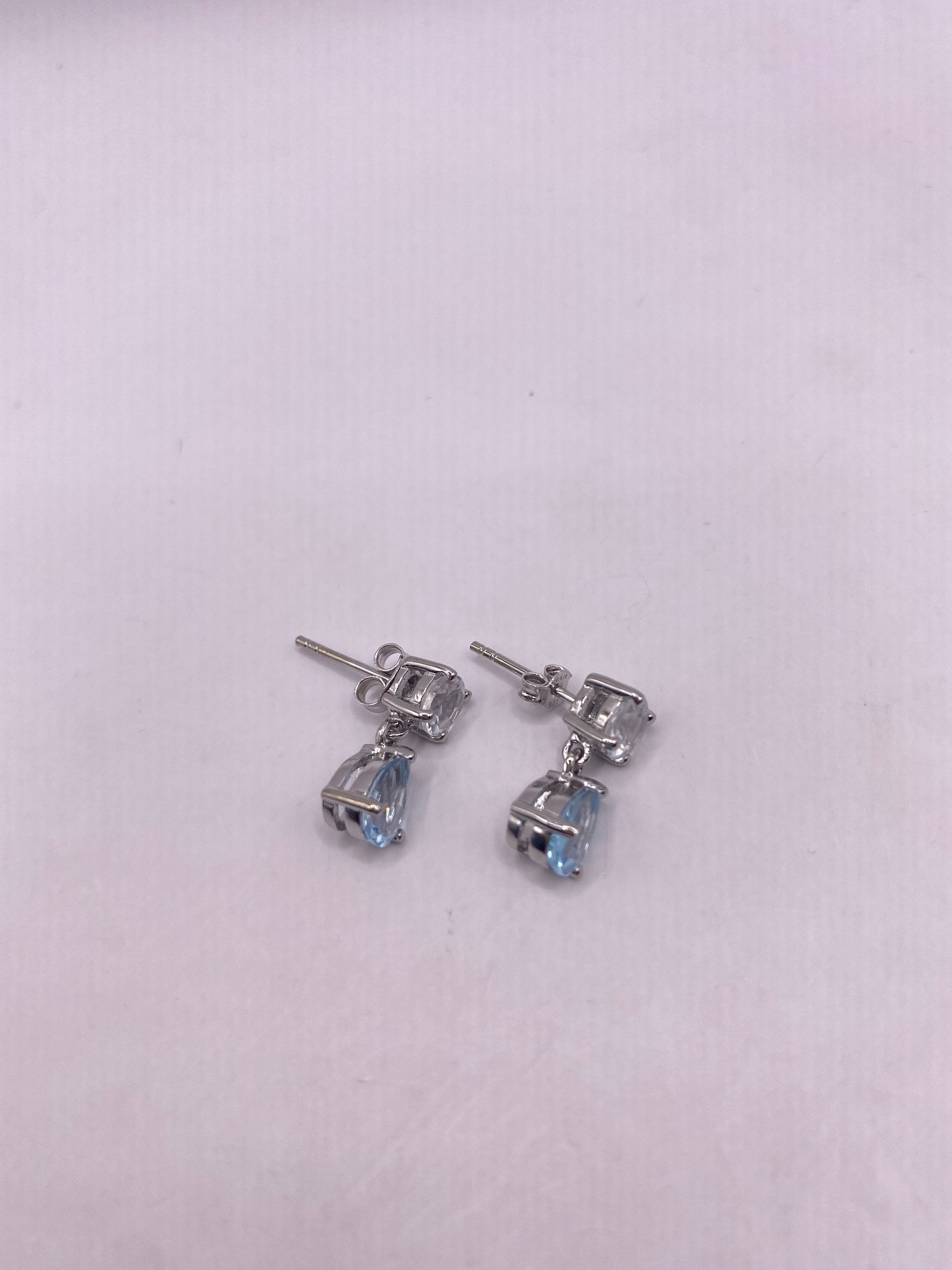 Vintage Blue Topaz White Sapphire 925 Sterling Silver Drop Earrings