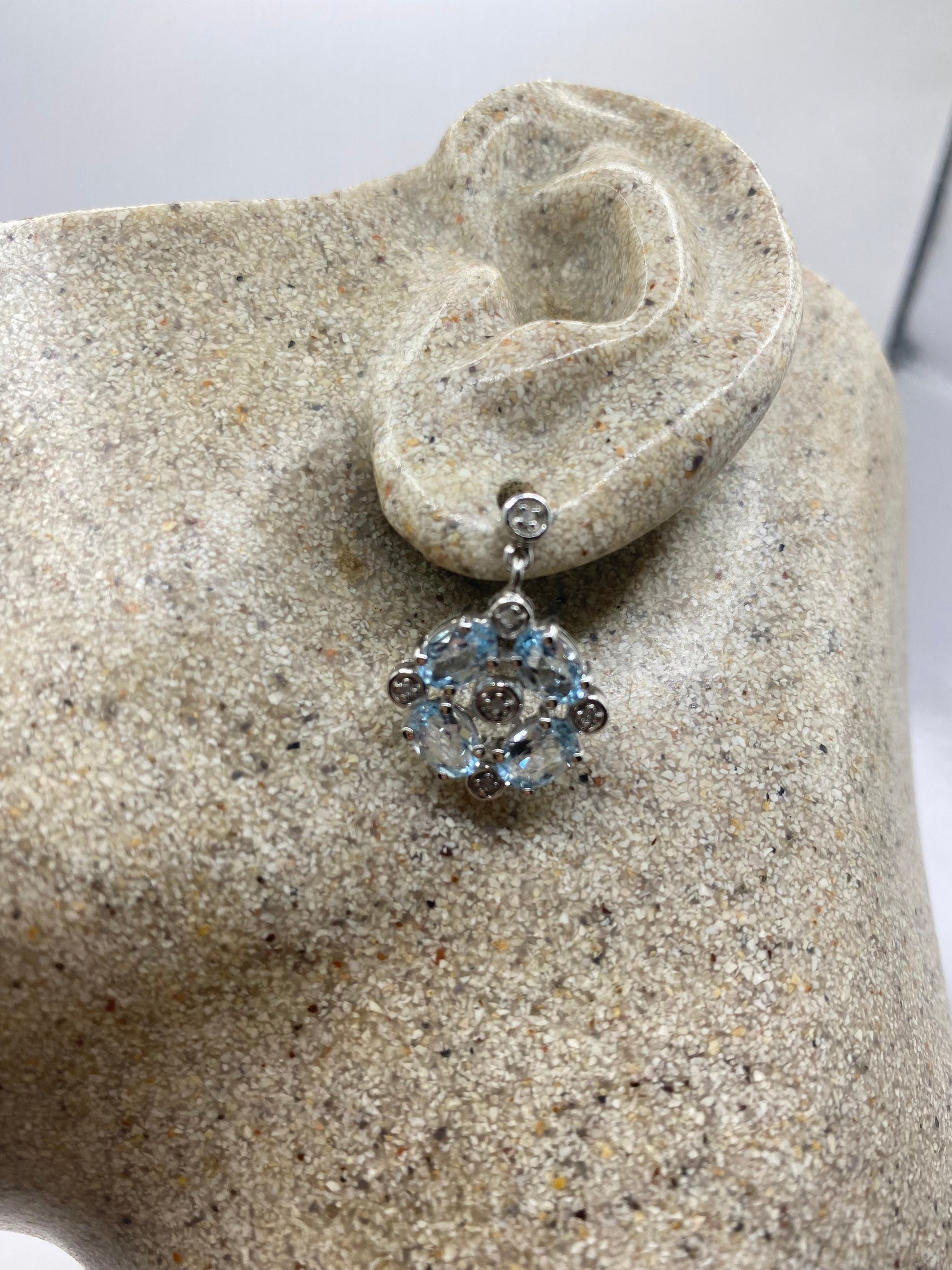 Vintage Blue Topaz Tiny Diamond 925 Sterling Silver Drop Earrings