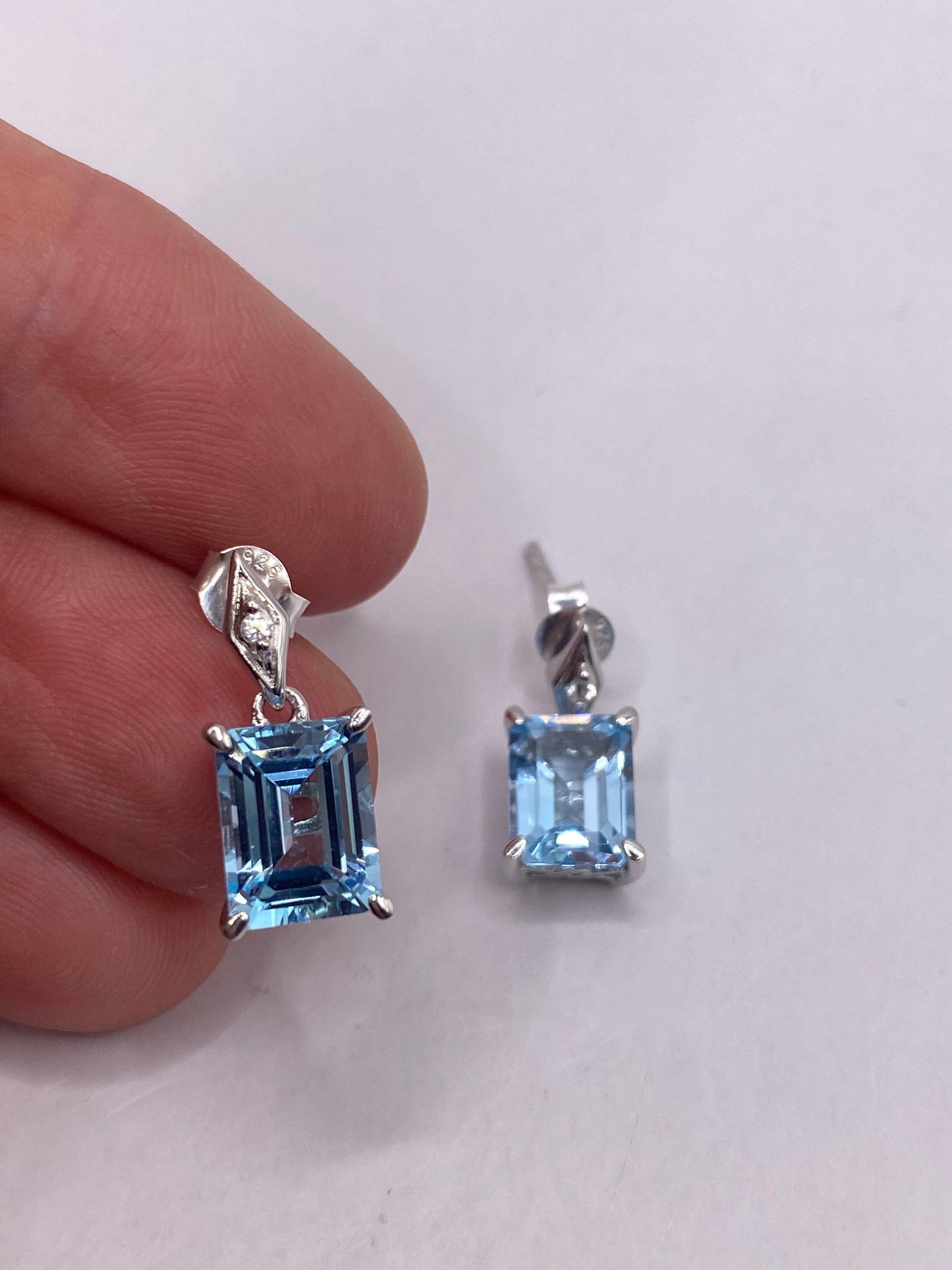 Vintage Blue Topaz Tiny Diamond 925 Sterling Silver Drop Earrings
