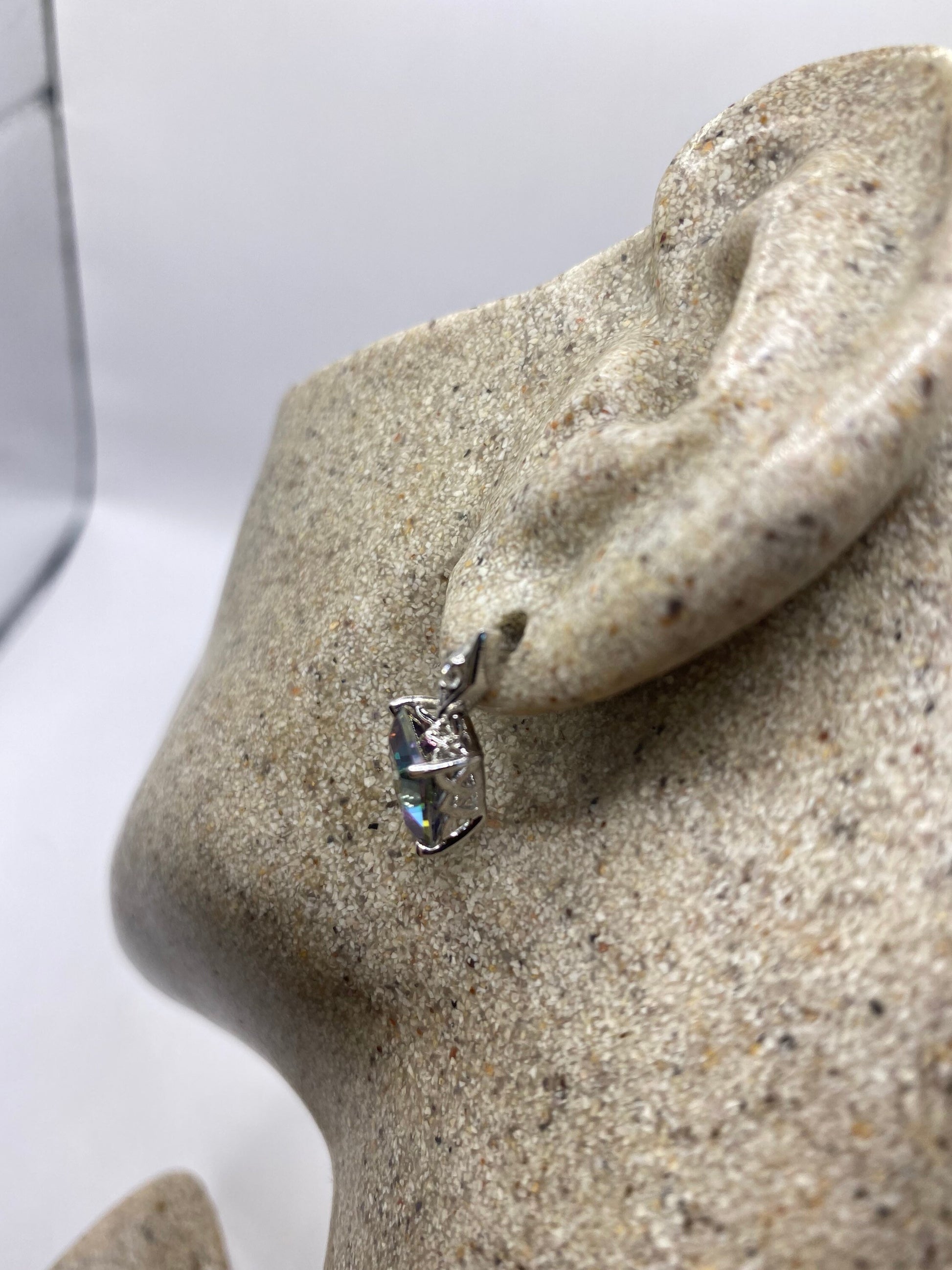 Vintage Mystic Blue Topaz Tiny Diamond 925 Sterling Silver Drop Earrings