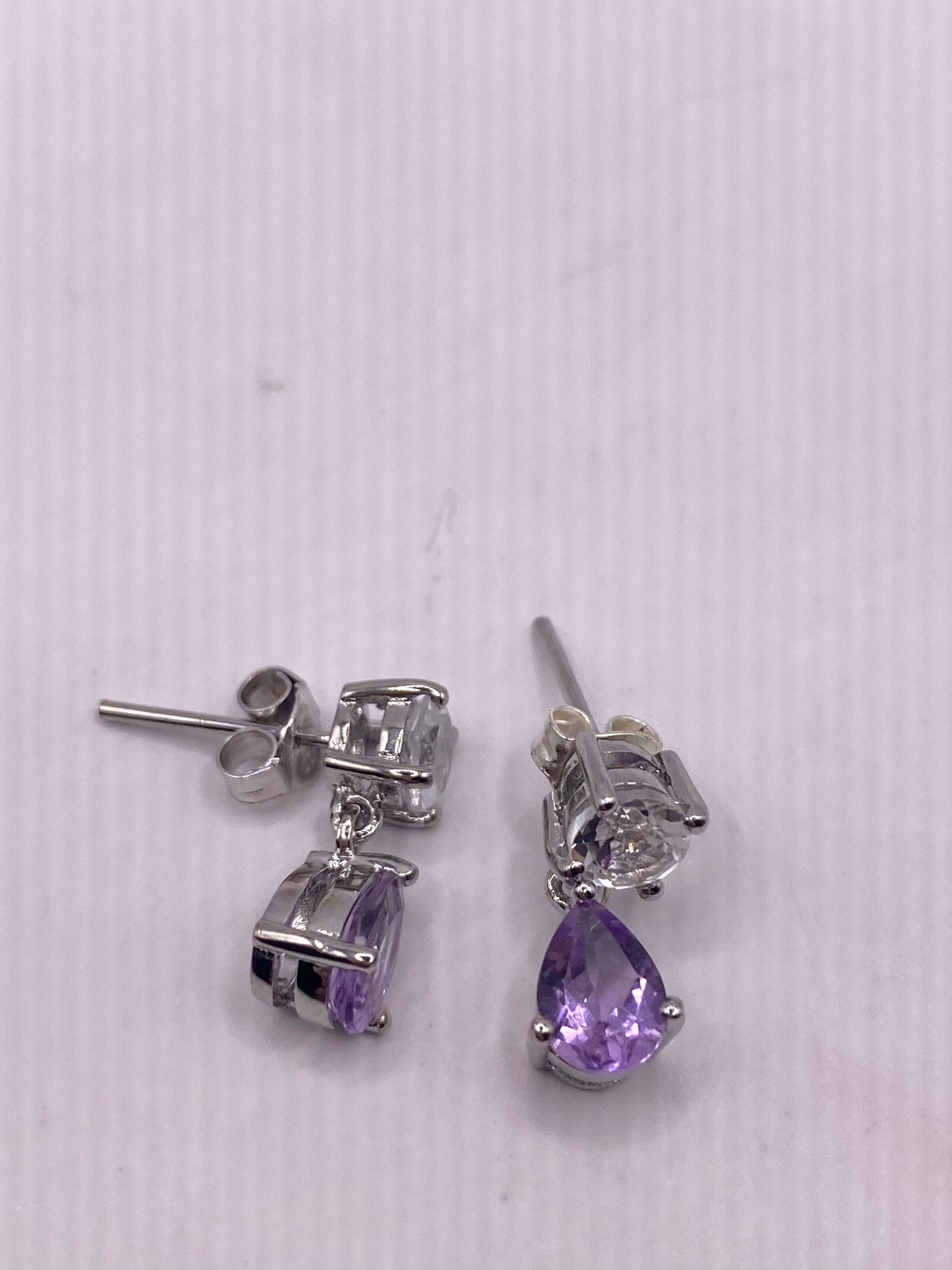 Vintage Amethyst white topaz Earrings 925 Sterling Silver Purple Stud Dangle