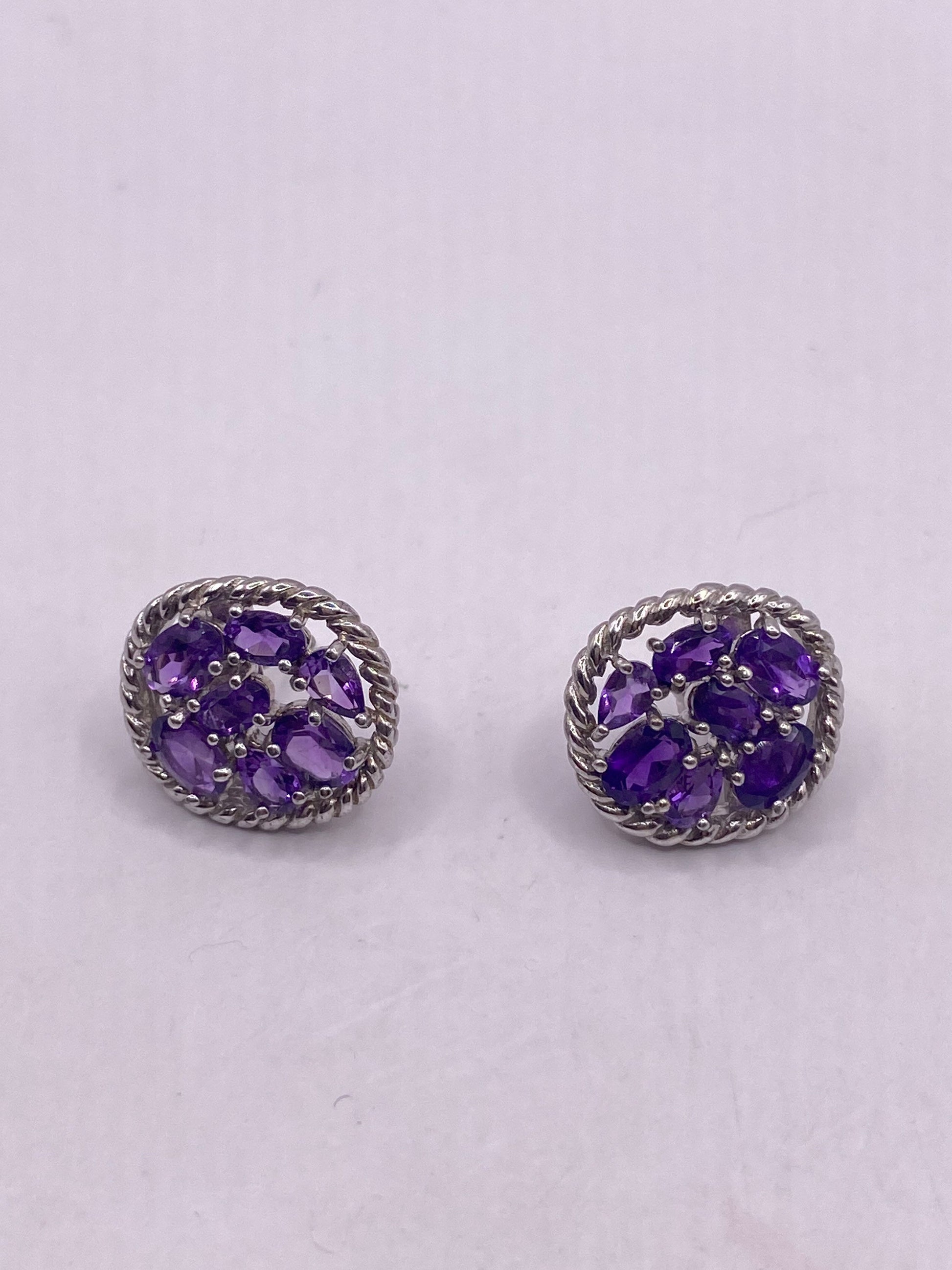 Vintage Amethyst Earrings 925 Sterling Silver Purple Stud Dangle