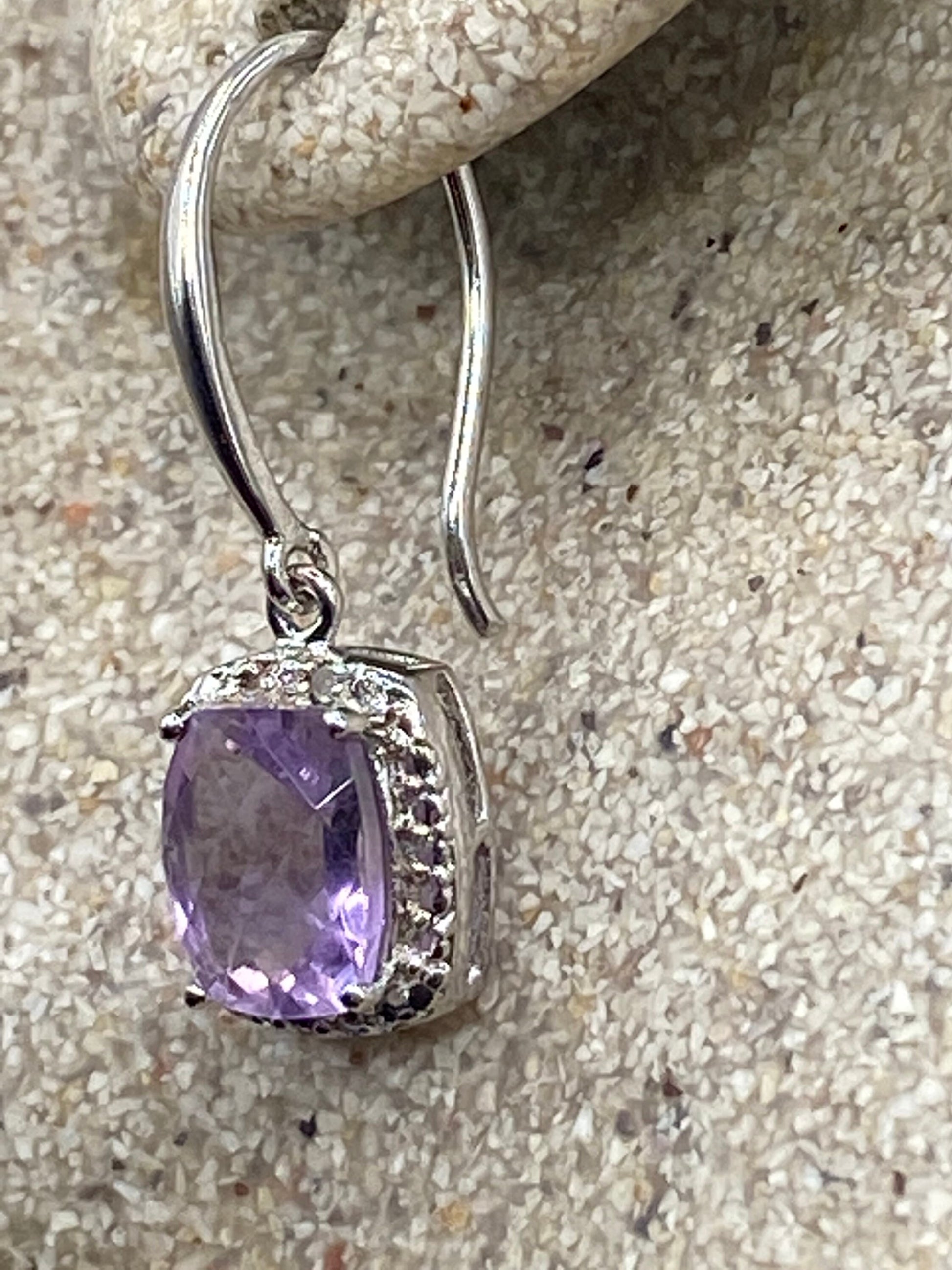 Vintage Amethyst Tiny Diamond Earrings 925 Sterling Silver Purple Dangle