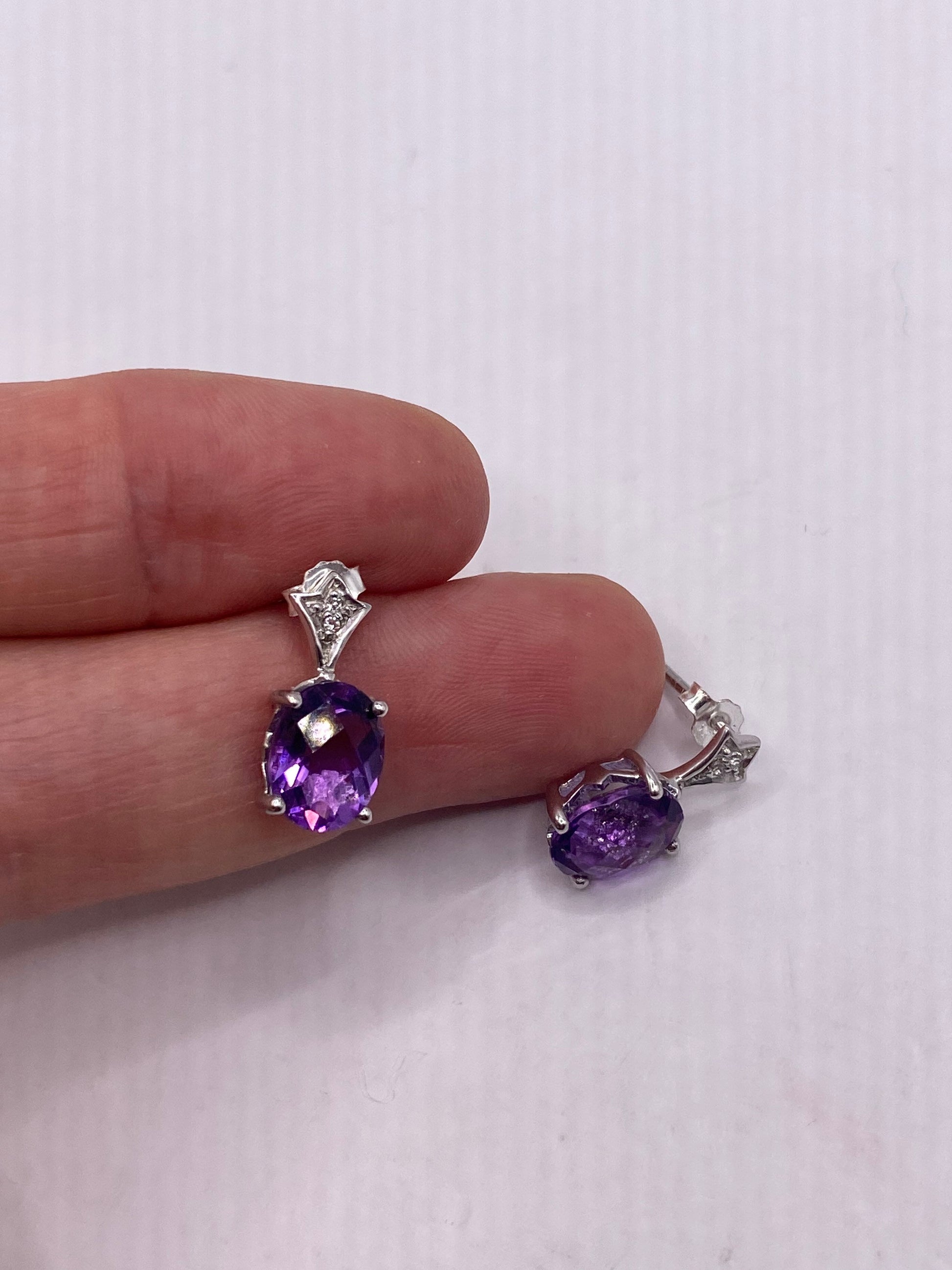 Vintage Amethyst Tiny Diamond Earrings 925 Sterling Silver Purple Dangle