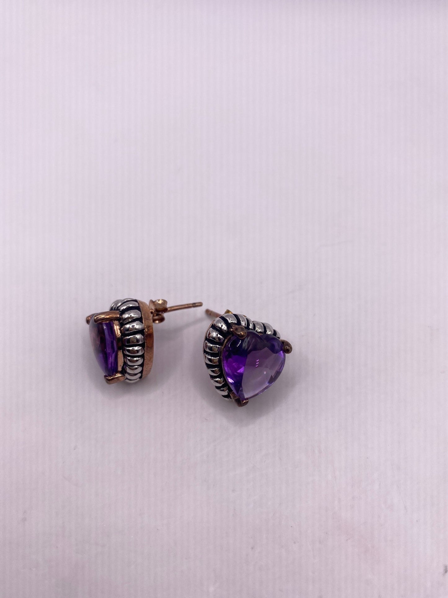 Vintage Purple Amethyst Heart Earrings 925 Sterling Silver Studs