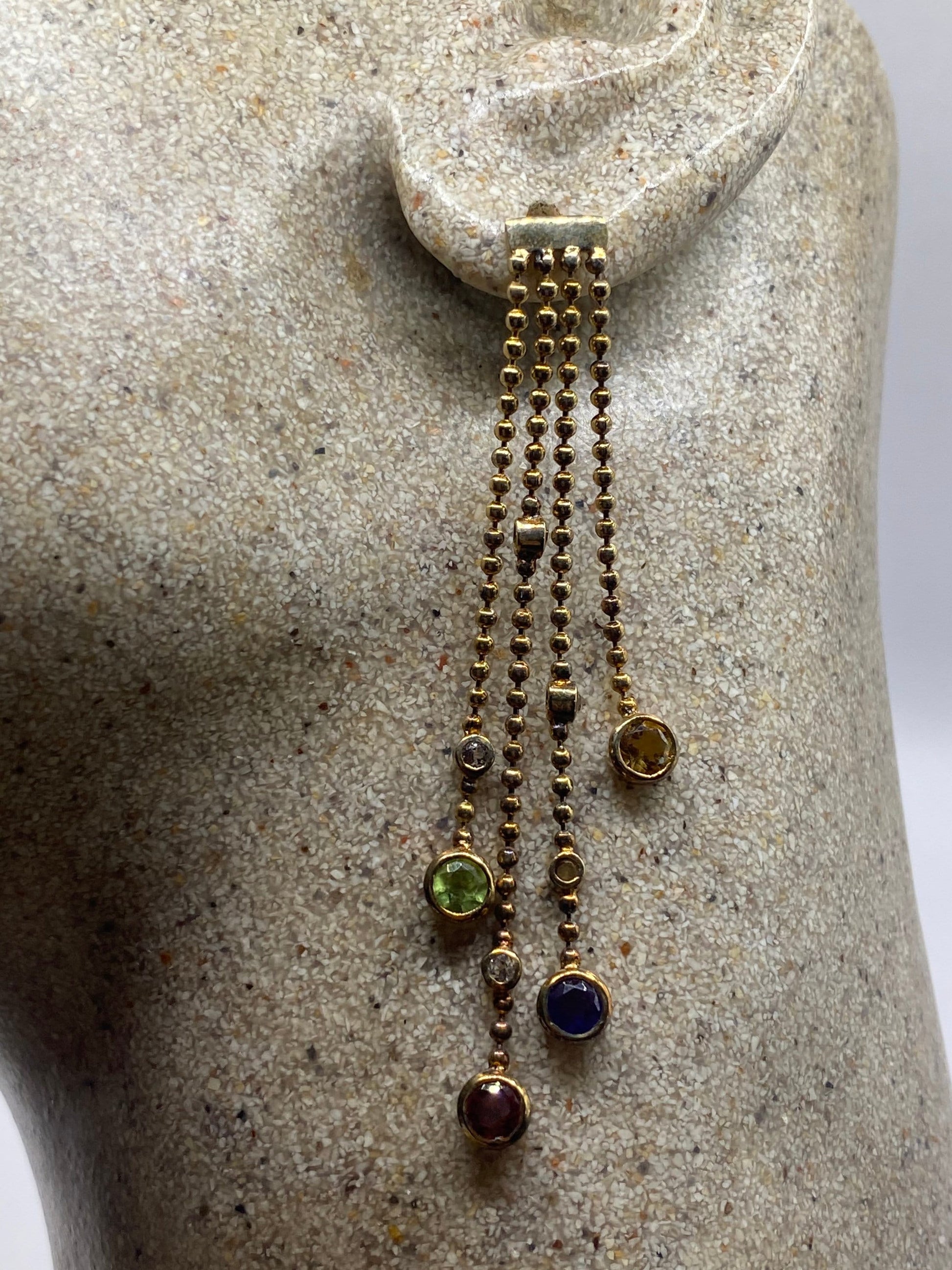 Vintage Mixed Genuine Gemstone 925 Sterling Silver Dangle Chandelier Earrings