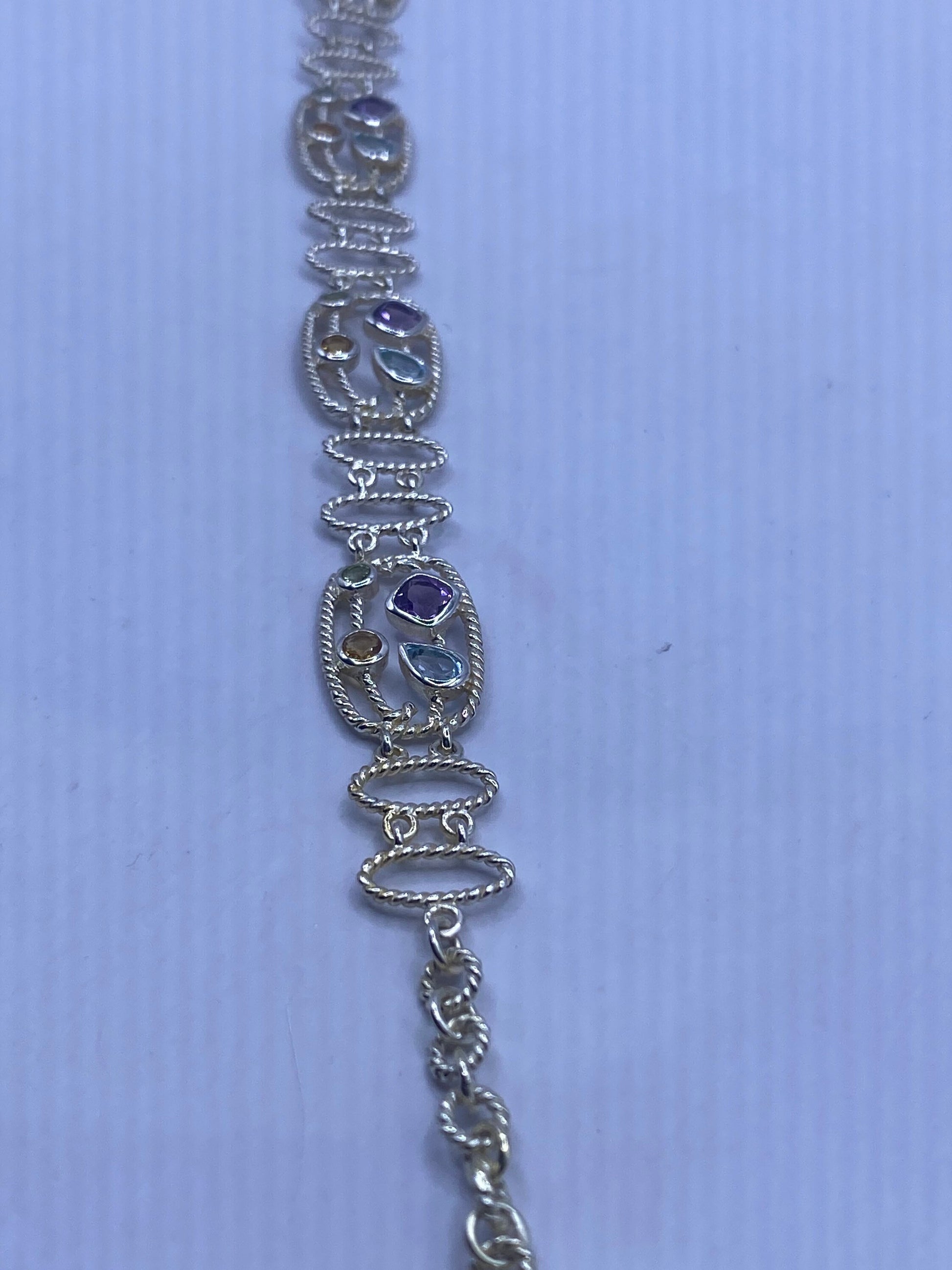 Vintage Genuine Mixed Gemstone 925 Sterling Silver Toggle Bracelet