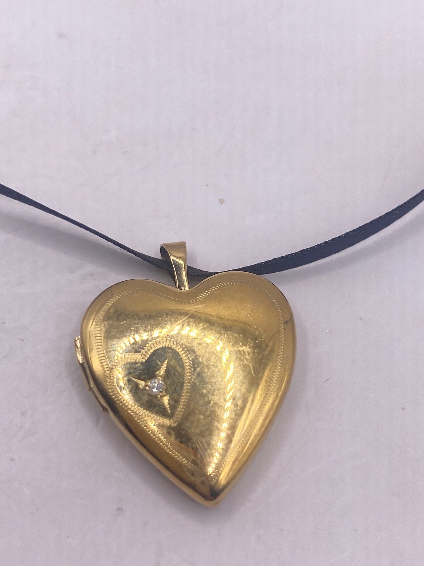 Vintage Gold Locket | Tiny Heart 9k Gold Filled Pendant Photo Memory Charm Engraved Dainty Diamond Star | Choker Necklace