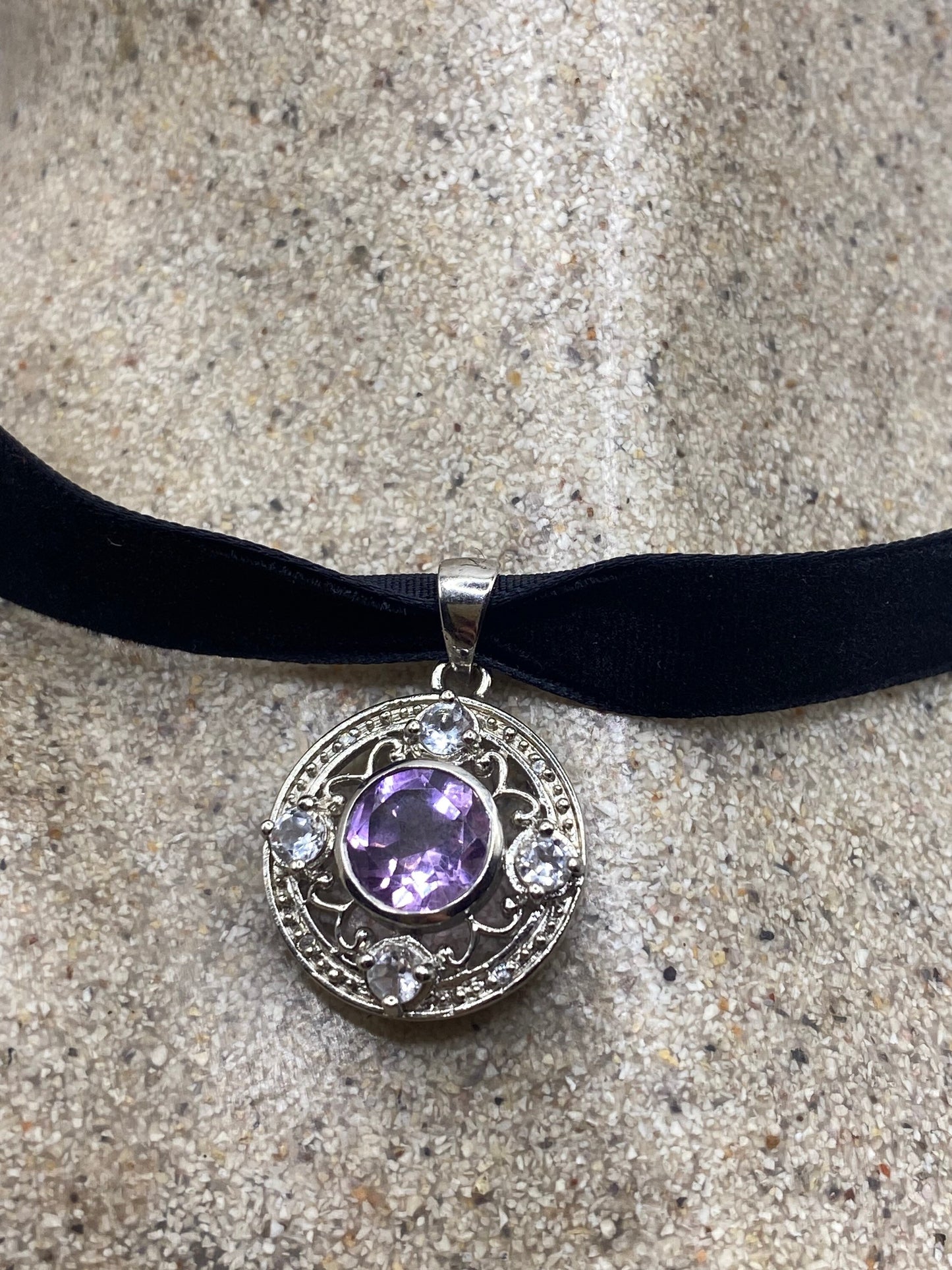 Vintage Purple Amethyst Choker 925 Sterling Silver Pendant Necklace