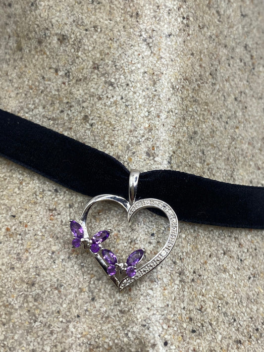 Vintage Purple Amethyst Heart Choker 925 Sterling Silver Pendant Necklace