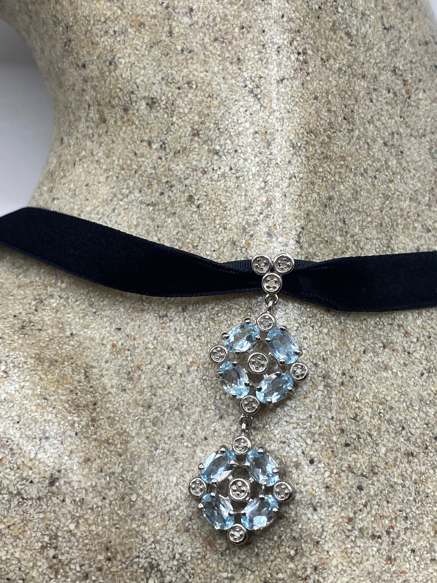 Vintage Blue Topaz Choker 925 Sterling Silver Necklace Pendant