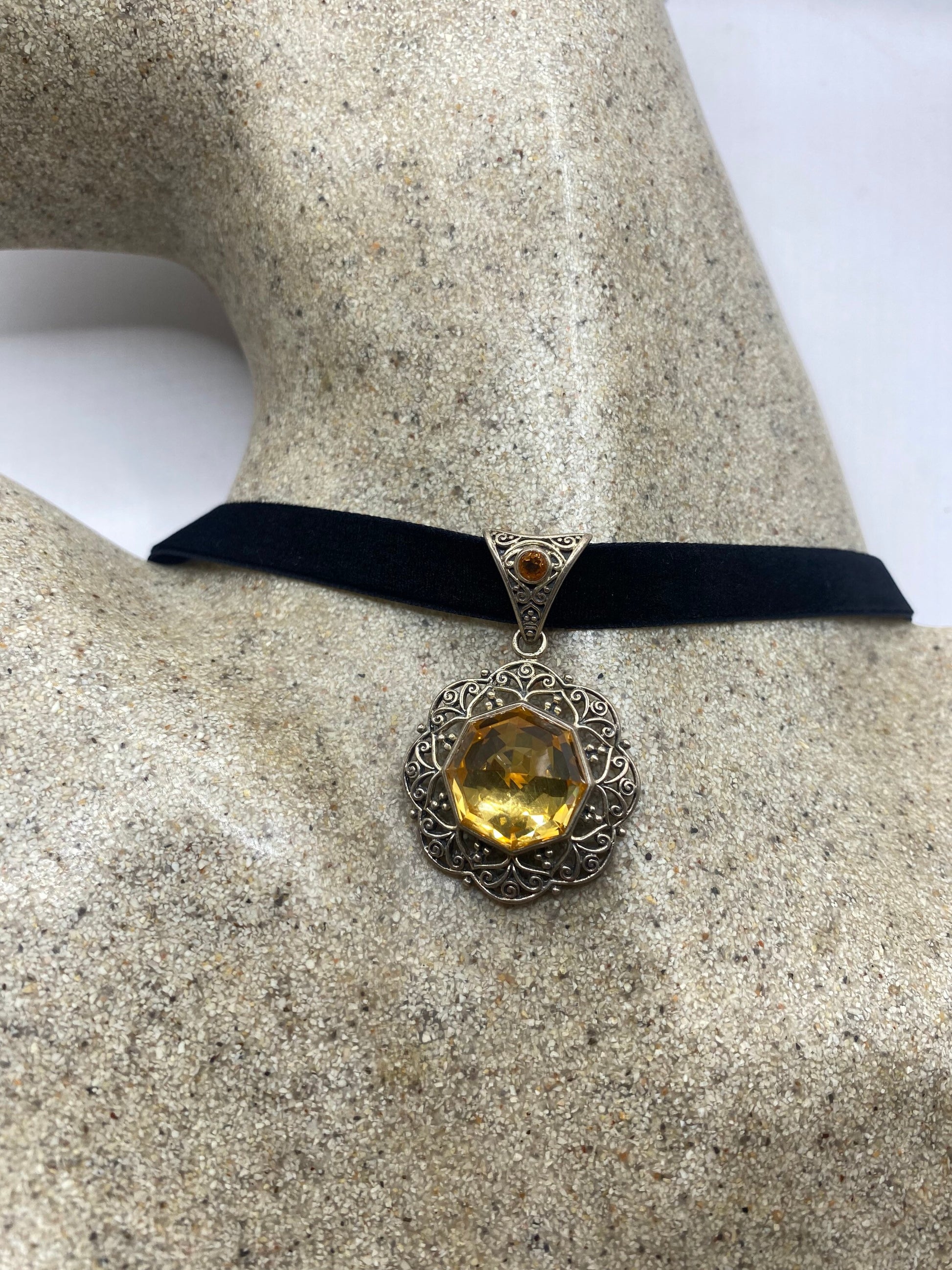 Vintage Golden Citrine Pendant 925 Sterling Silver Choker Necklace