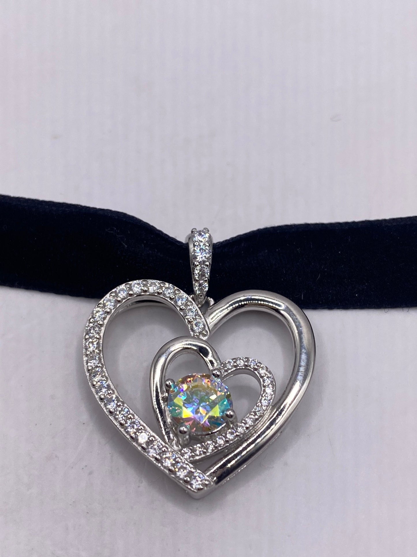 Vintage Mystic White Topaz Choker 925 Sterling Silver Heart Pendant Necklace