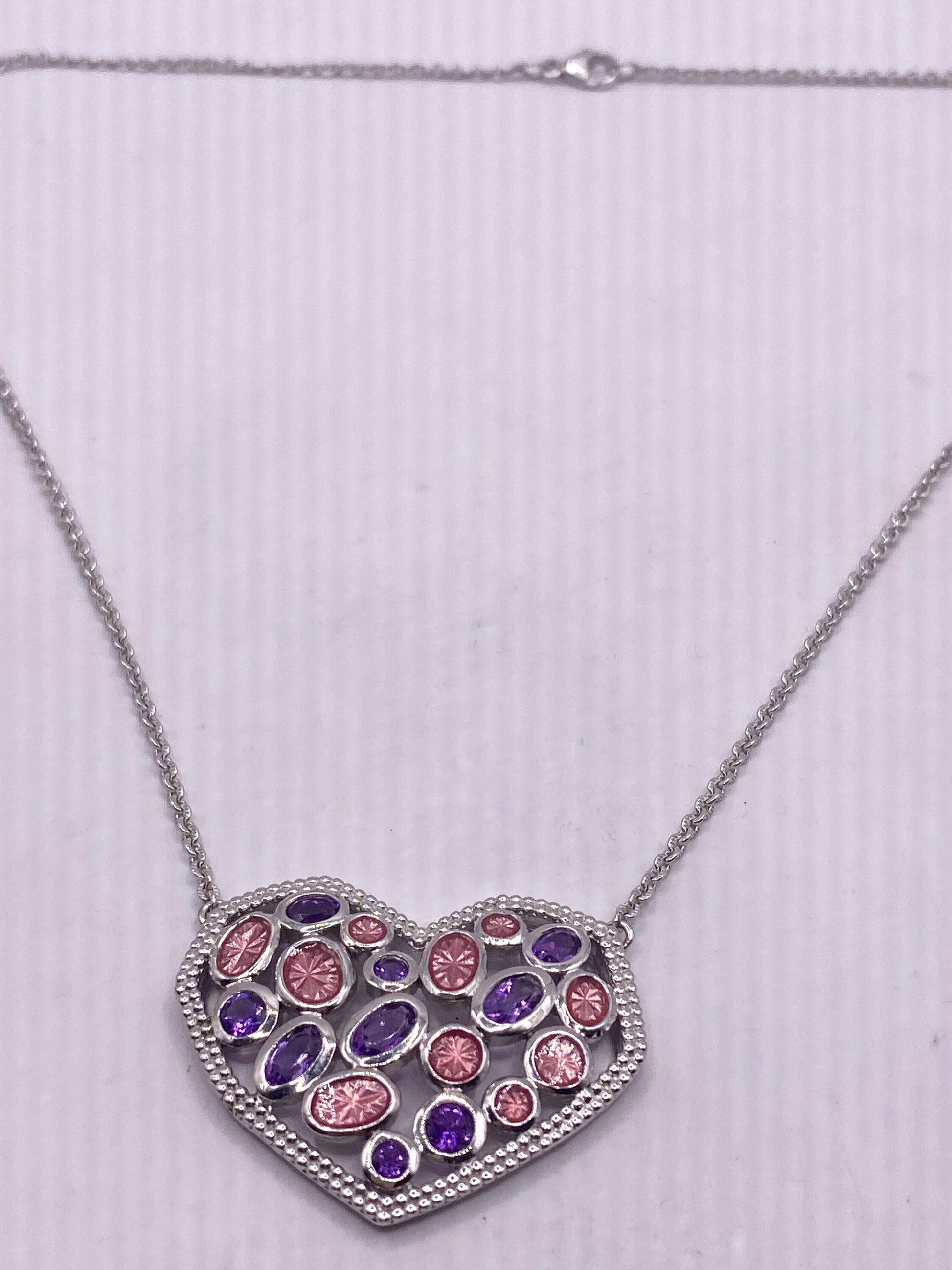 Vintage Purple Amethyst Choker 925 Sterling Silver Heart Pendant Necklace