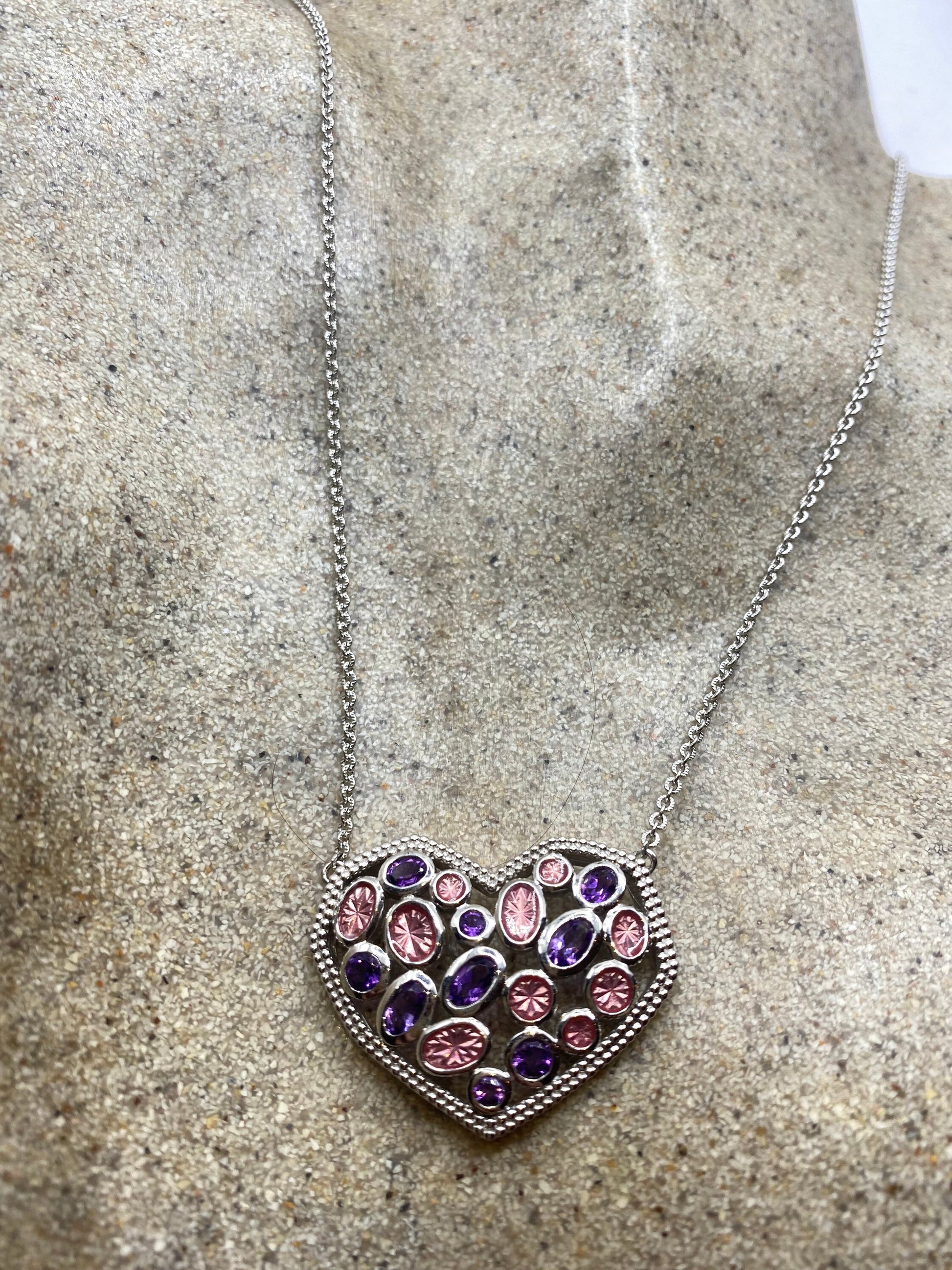 Vintage Purple Amethyst Choker 925 Sterling Silver Heart Pendant Necklace