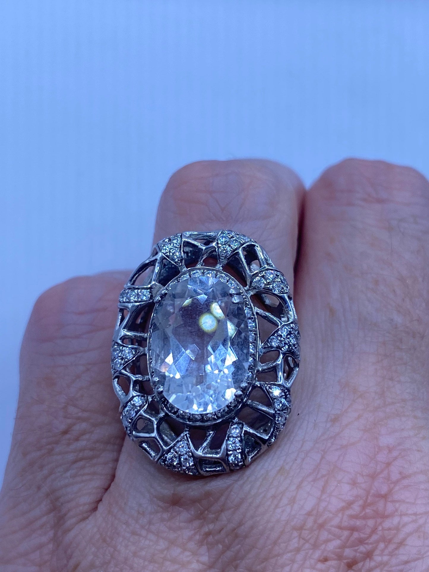 Vintage Clear White Sapphire and White Topaz Golden 925 Sterling Silver Cocktail Ring